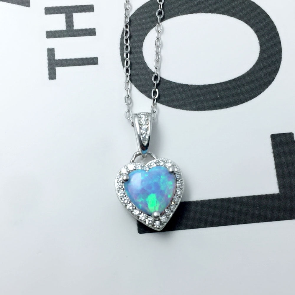 925 Sterling Silver Heart Shape White Pink Blue Opal Necklaces & Pendants with Cubic Zirconia Fine Jewelry Gift-3