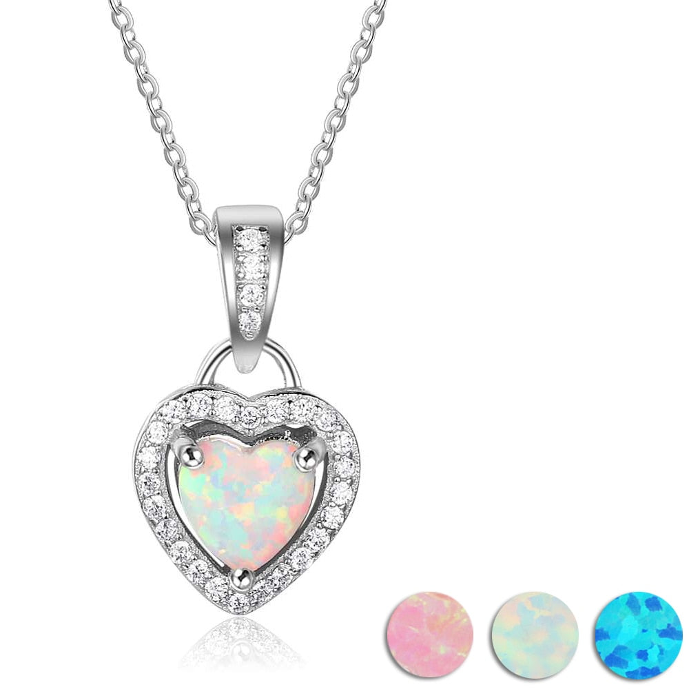 925 Sterling Silver Heart Shape White Pink Blue Opal Necklaces & Pendants with Cubic Zirconia Fine Jewelry Gift-0