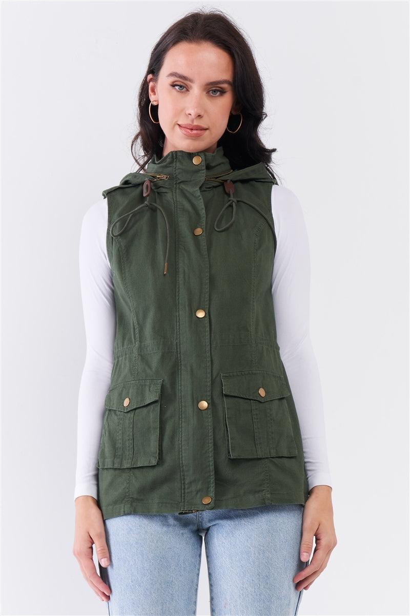 Olive Military Sleeveless Detachable Hoodie Vest Jacket-0