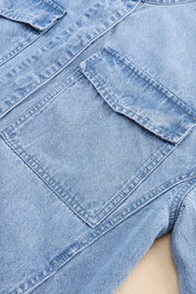 Sky Blue Roll-Up Tab Sleeve Button Down Pocket Denim Jacket-8