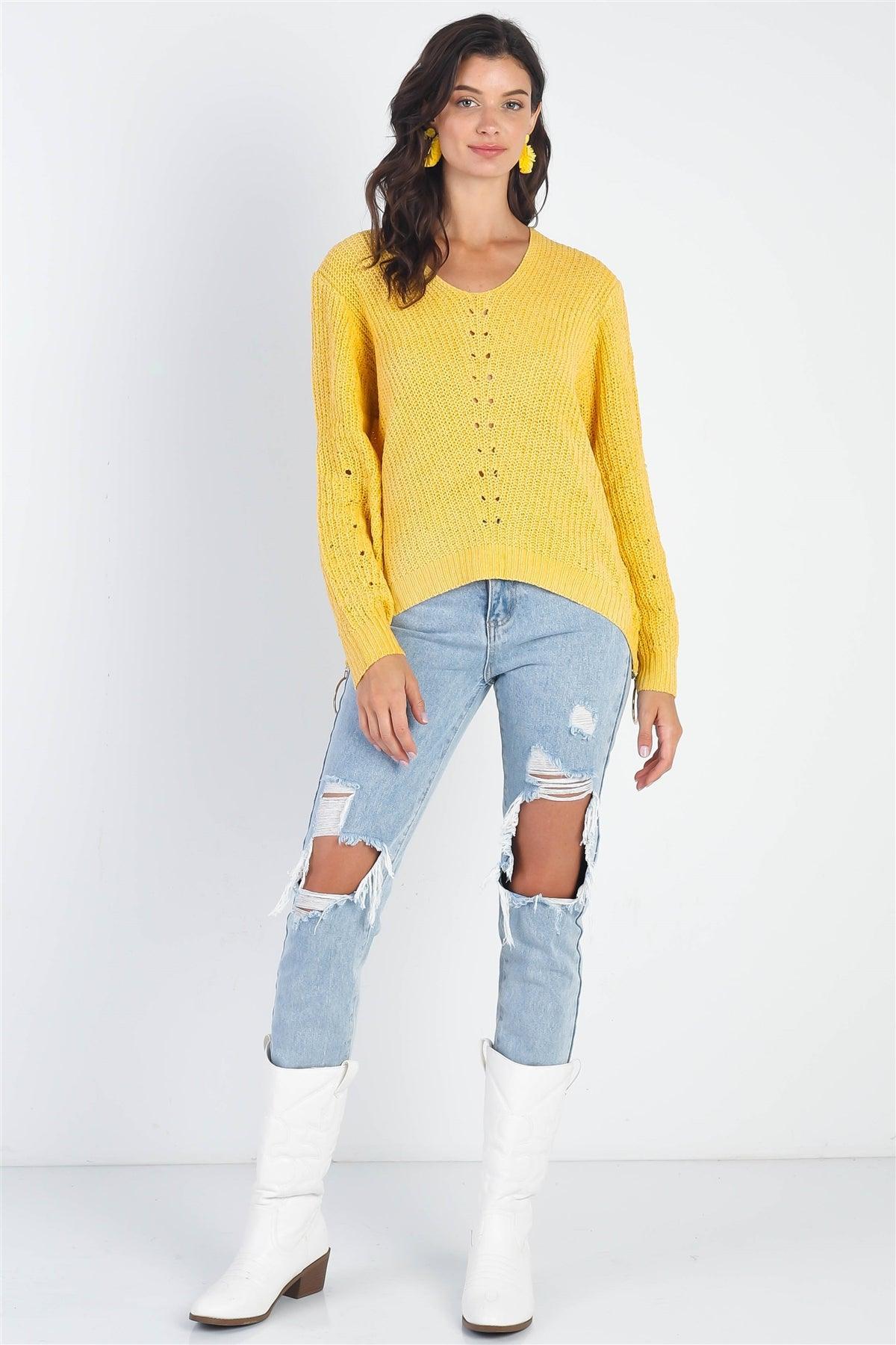 Yellow Knit Zip-Down Long Sleeve Knit Light Sweater Top-3