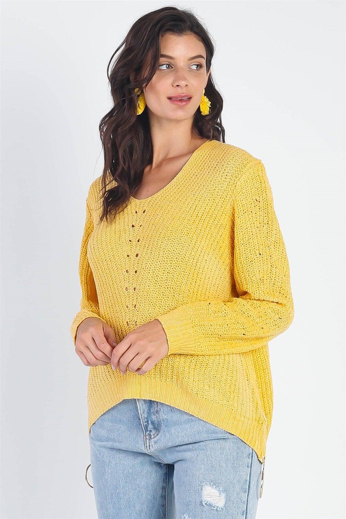 Yellow Knit Zip-Down Long Sleeve Knit Light Sweater Top-0