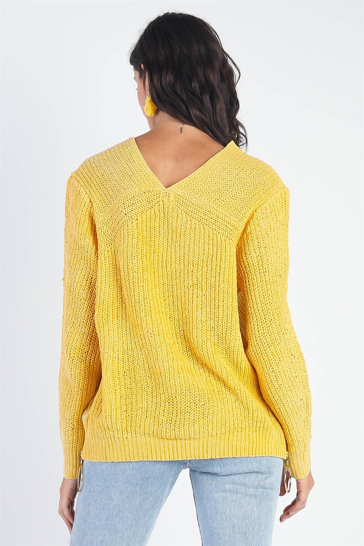 Yellow Knit Zip-Down Long Sleeve Knit Light Sweater Top-1