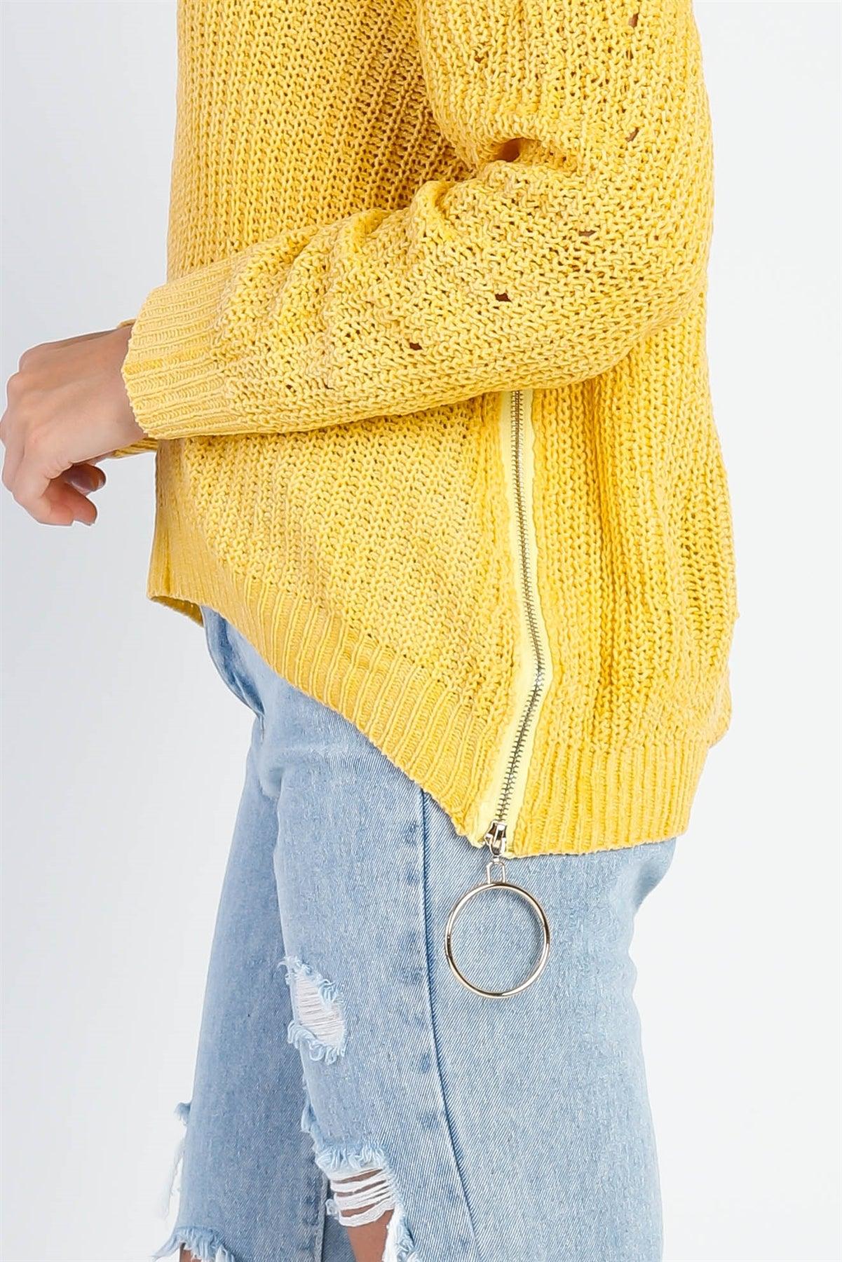 Yellow Knit Zip-Down Long Sleeve Knit Light Sweater Top-2