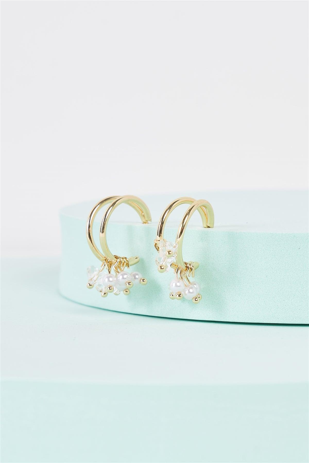 Yellow Gold Multi Pearl Detail Open Round Hoop Earrings-0