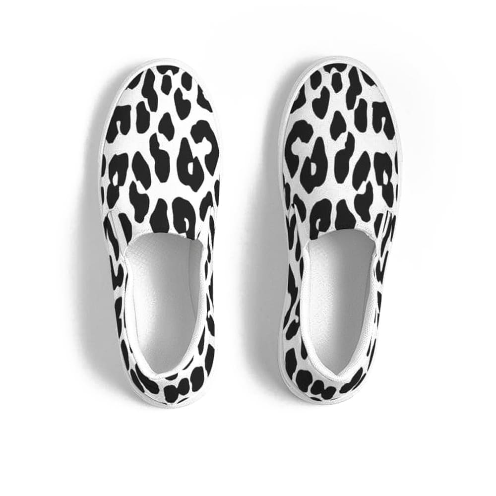 Womens Sneakers - Slip On Canvas Shoes, Black And White Leopard Print-2