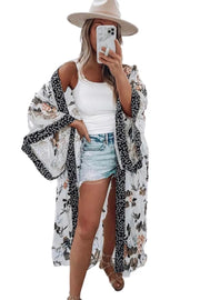 White Floral Print Lace Patchwork Batwing Sleeve Duster Kimono-2