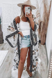 White Floral Print Lace Patchwork Batwing Sleeve Duster Kimono-1