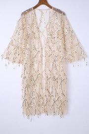 White Sequin Sheer Long Sleeve Open Front Kimono-7