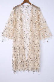 White Sequin Sheer Long Sleeve Open Front Kimono-8