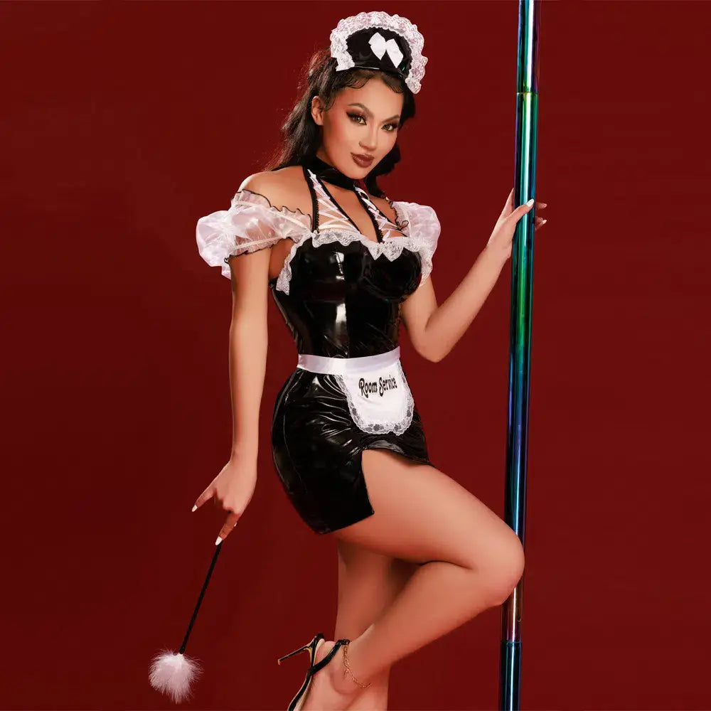 Black PU Naughty French Maid Uniform-1