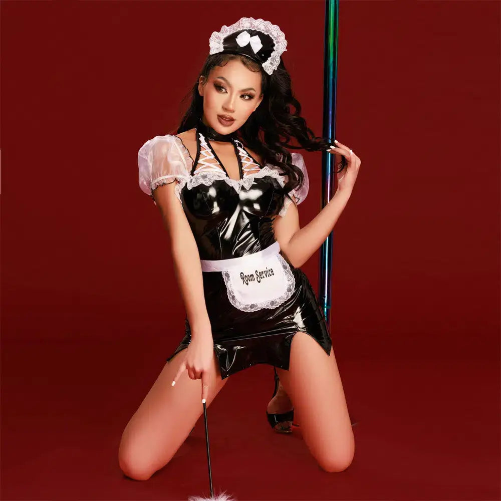 Black PU Naughty French Maid Uniform-3