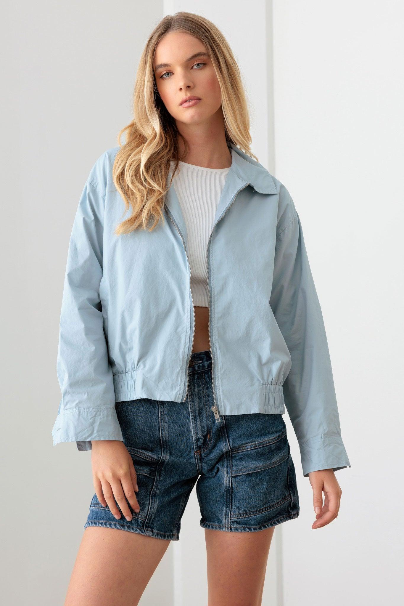 Baby Blue 100% Cotton Zip Up Collared Boxy Jacket-0