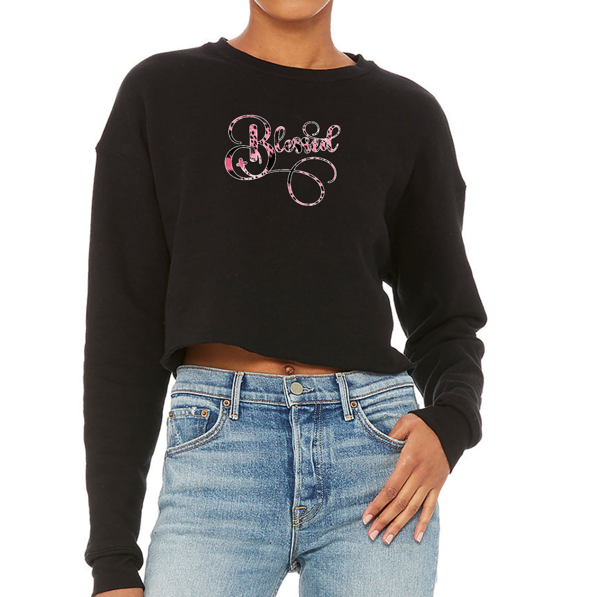 Womens Cropped Graphic Sweatshirt Blessed Pink and Black Patterned-0