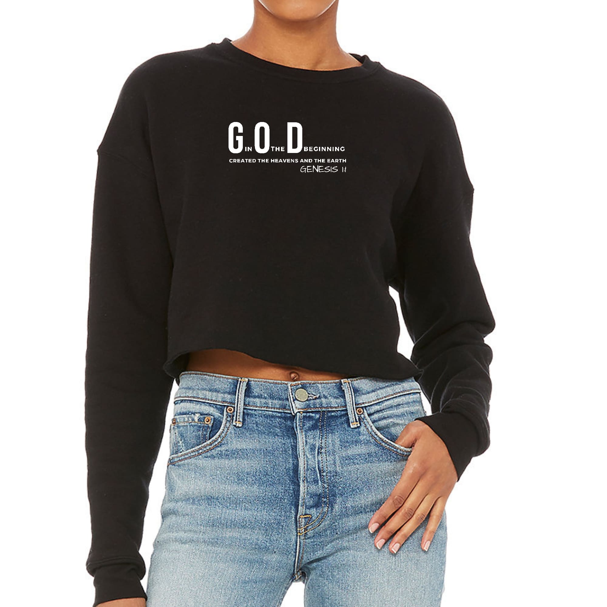 Womens Cropped Graphic Sweatshirt God in the Beginning Print-0