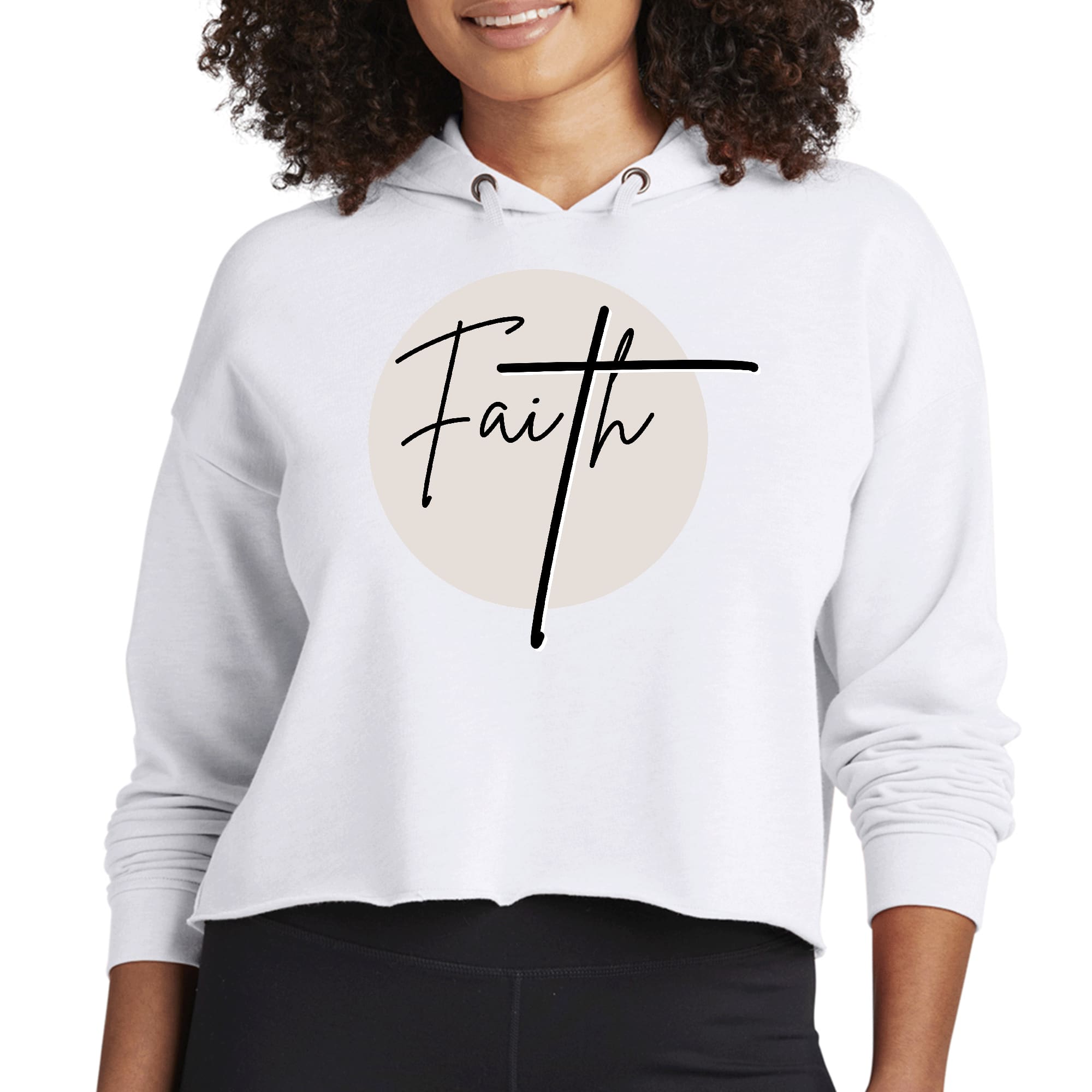 Womens Cropped Hoodie Faith - Christian Affirmation - Black and Beige-0