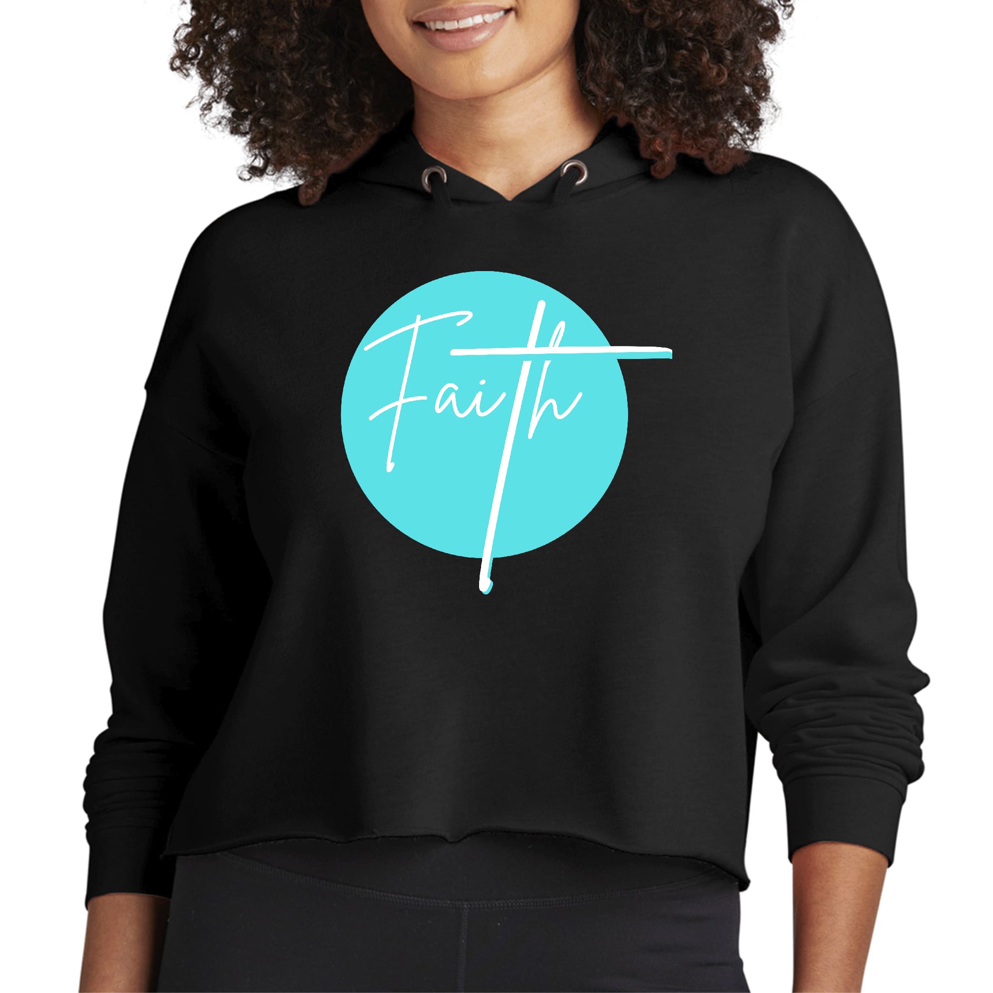 Womens Cropped Hoodie Faith - Christian Affirmation - Cyan Blue-0