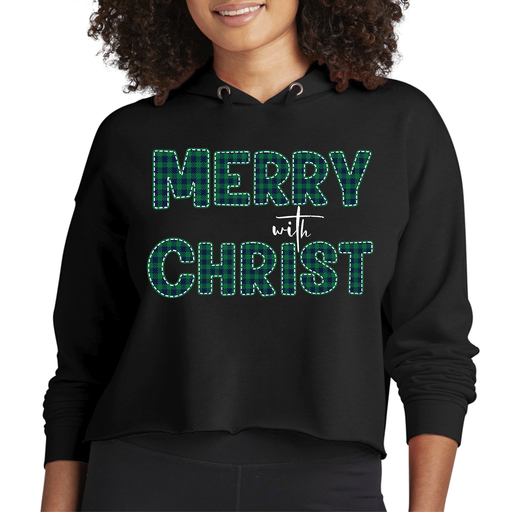 Womens Cropped Hoodie Merry With Christ, Green Plaid Christmas-0