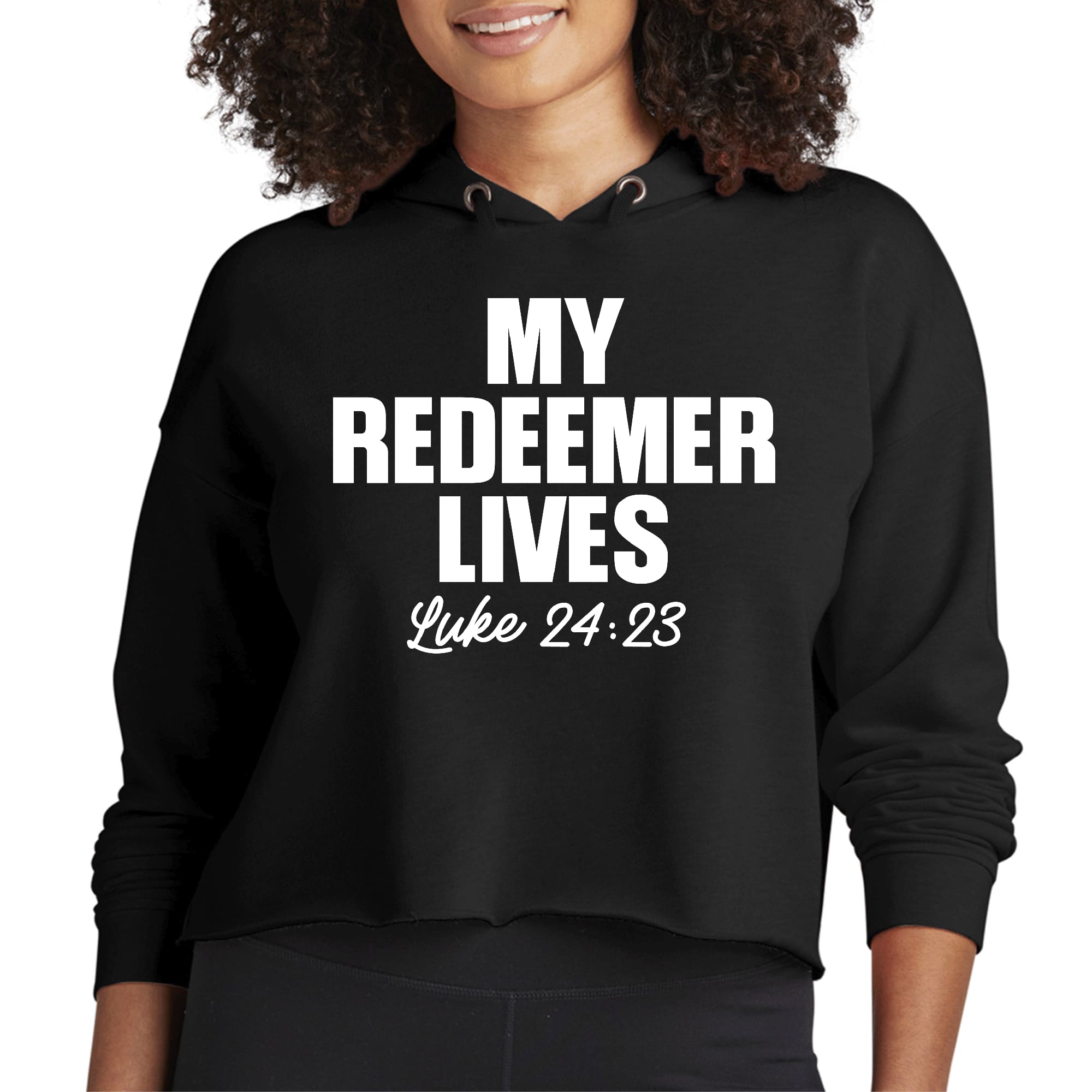 Womens Cropped Hoodie My Redeemer Lives Print-0