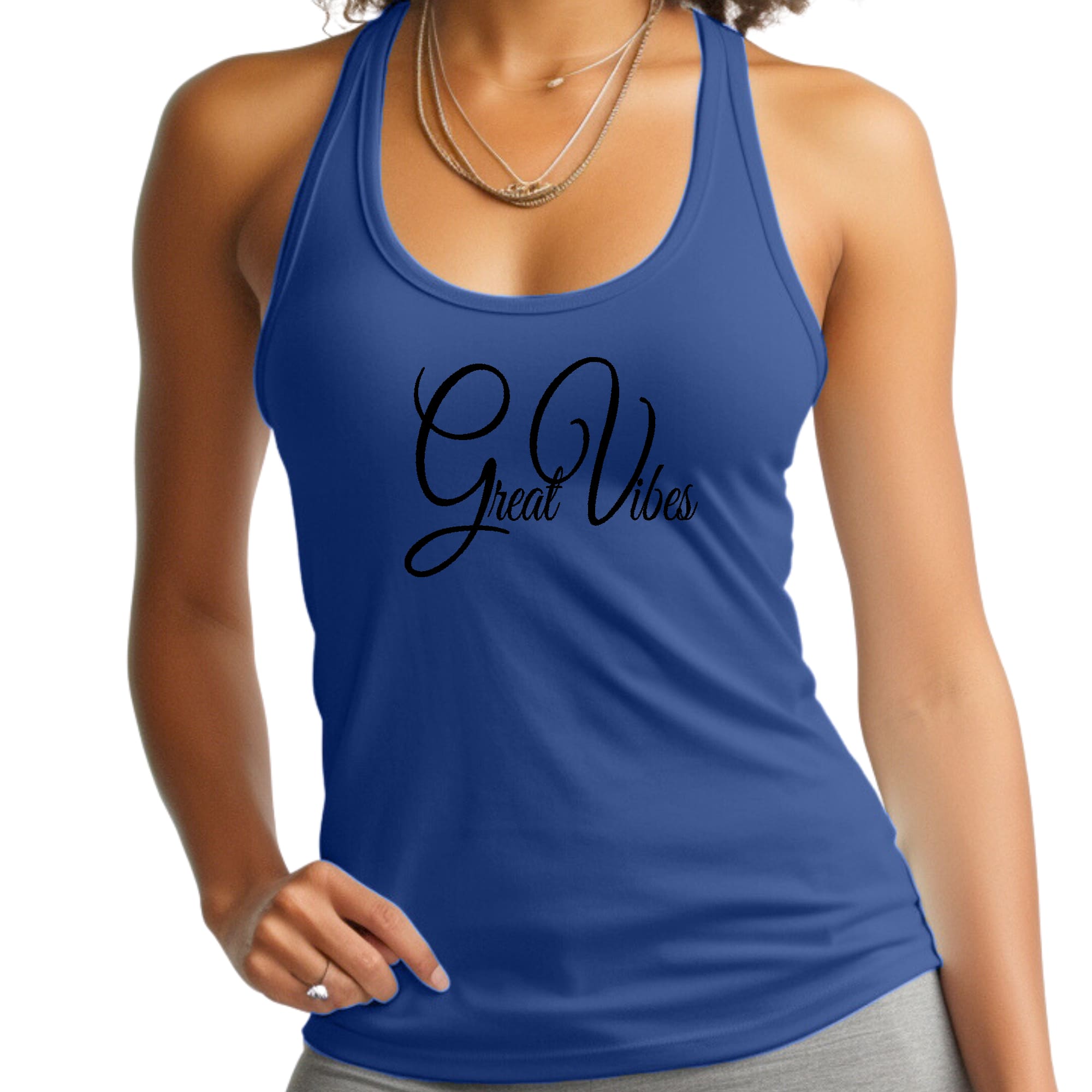 Womens Fitness Tank Top Graphic T-shirt, Great Vibes Black-2