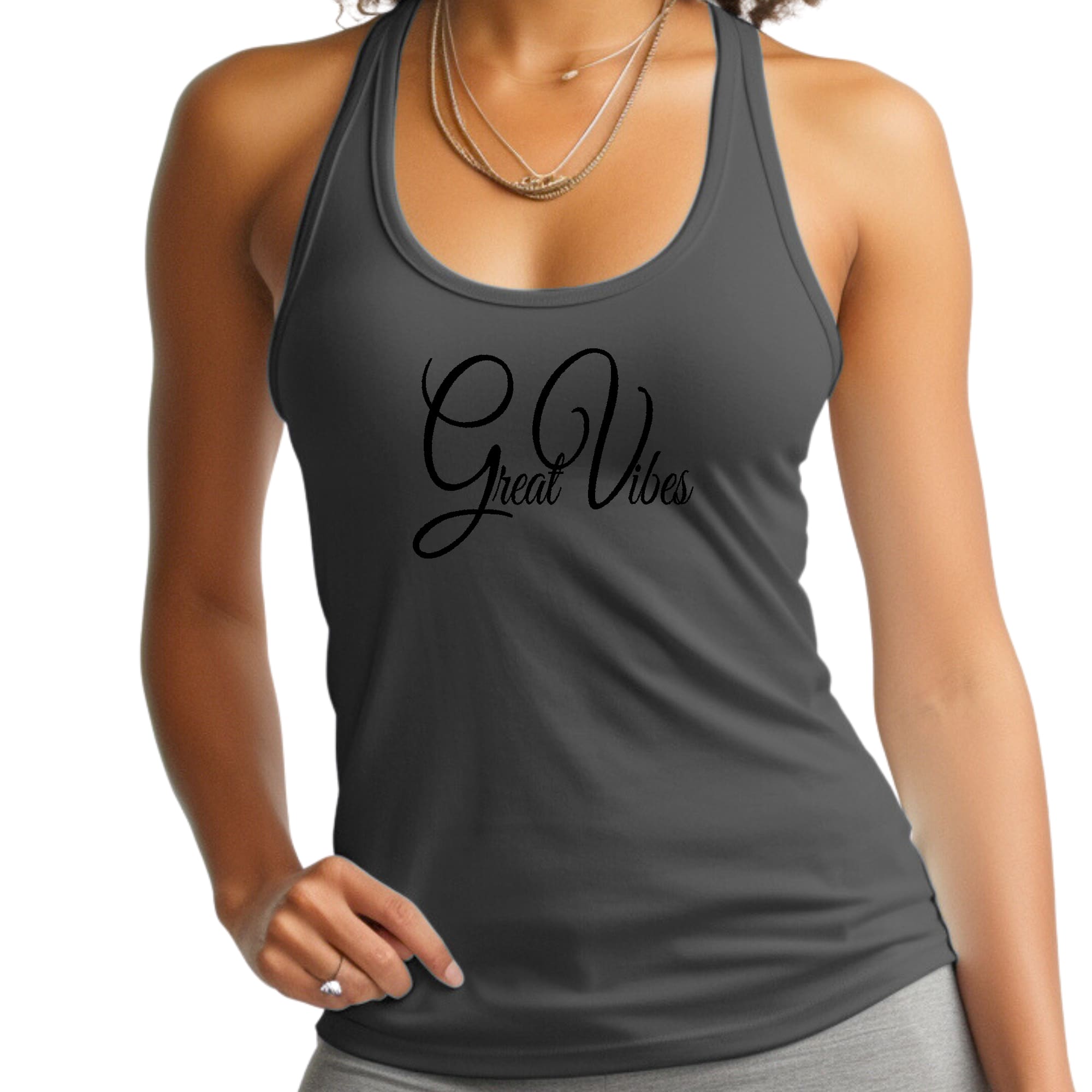 Womens Fitness Tank Top Graphic T-shirt, Great Vibes Black-3