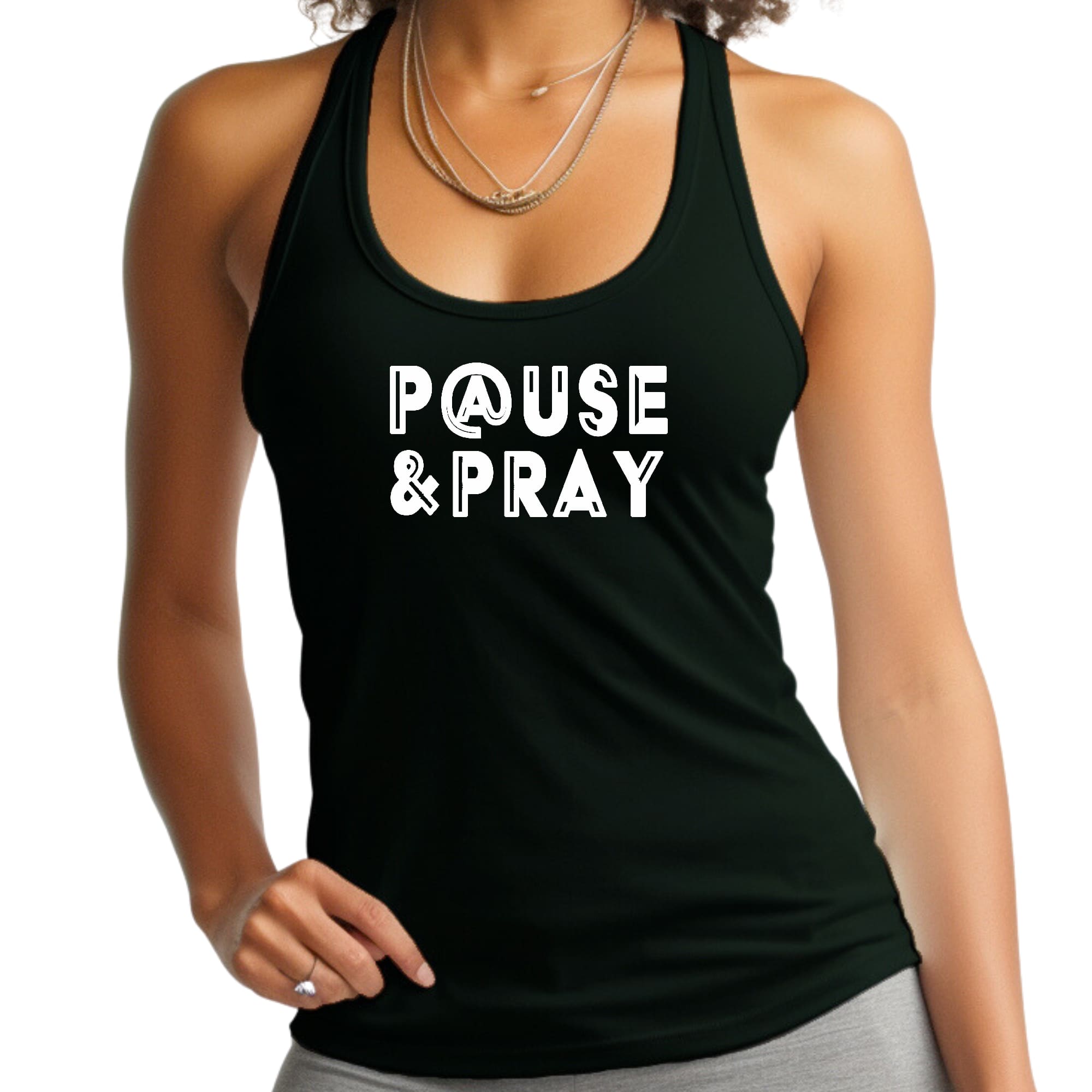 Womens Fitness Tank Top Graphic T-shirt Pause and Pray-0