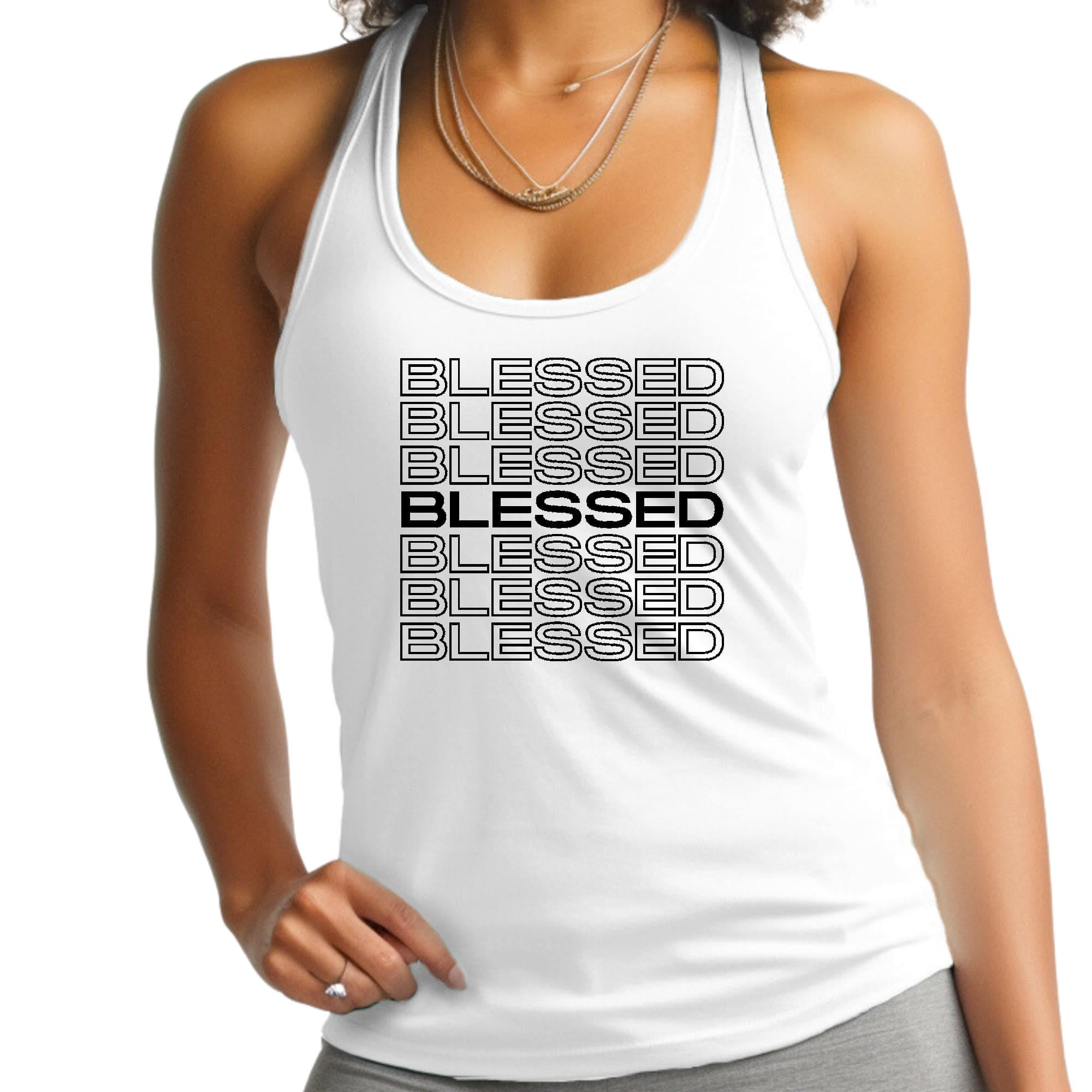 Womens Fitness Tank Top Graphic T-shirt, Stacked Blessed Print-0