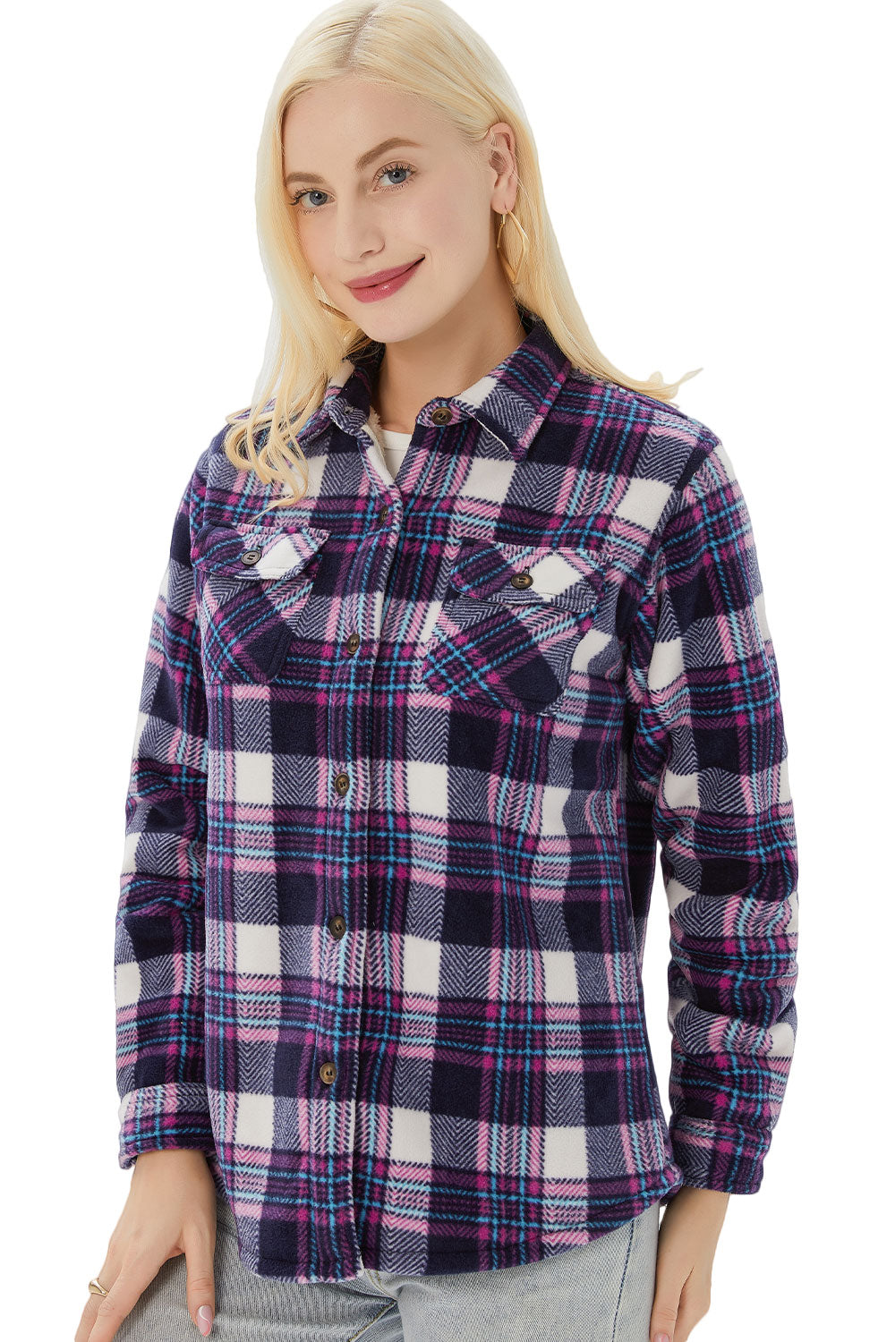 Women's Sherpa Lined Throughout Shirt Jacket Button Up Plaid Jacket-13