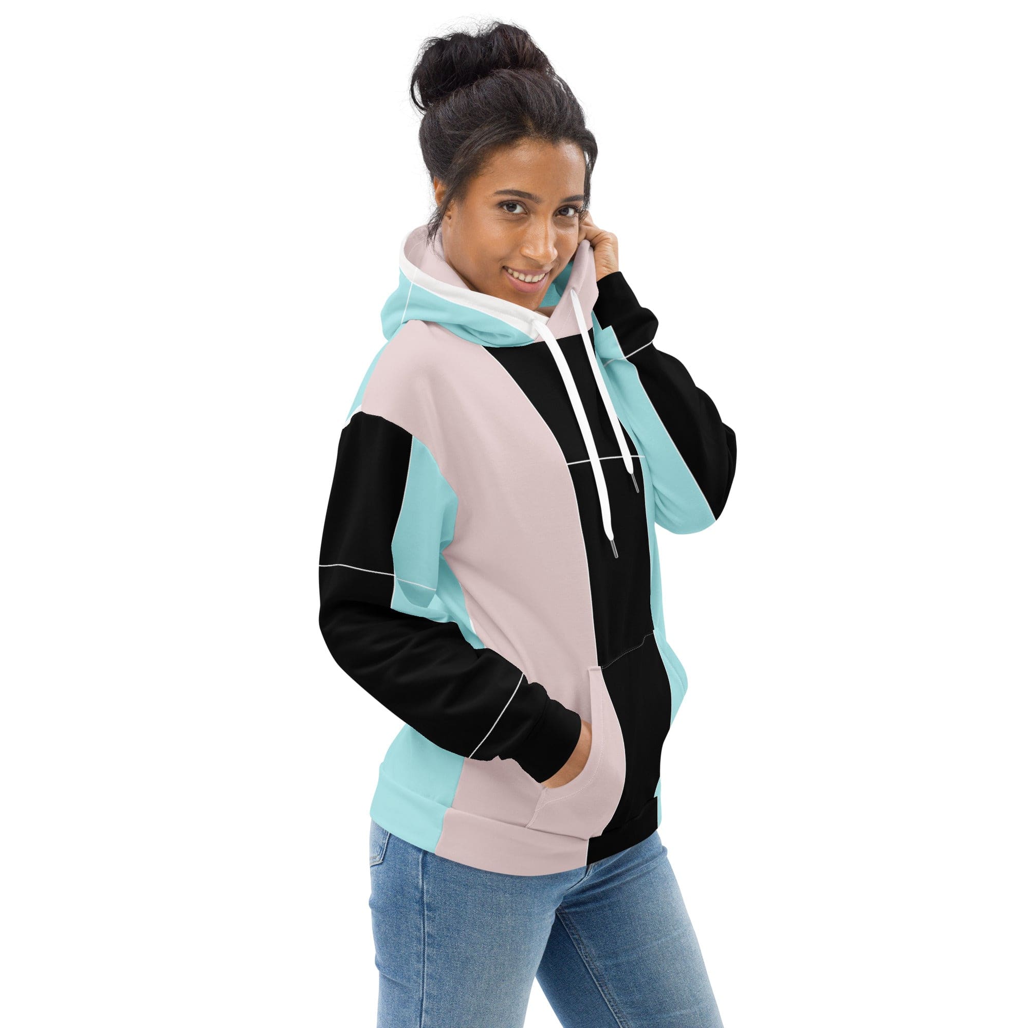 Womens Graphic Hoodie Pastel Pink Black Blue Colorblock Lines-1