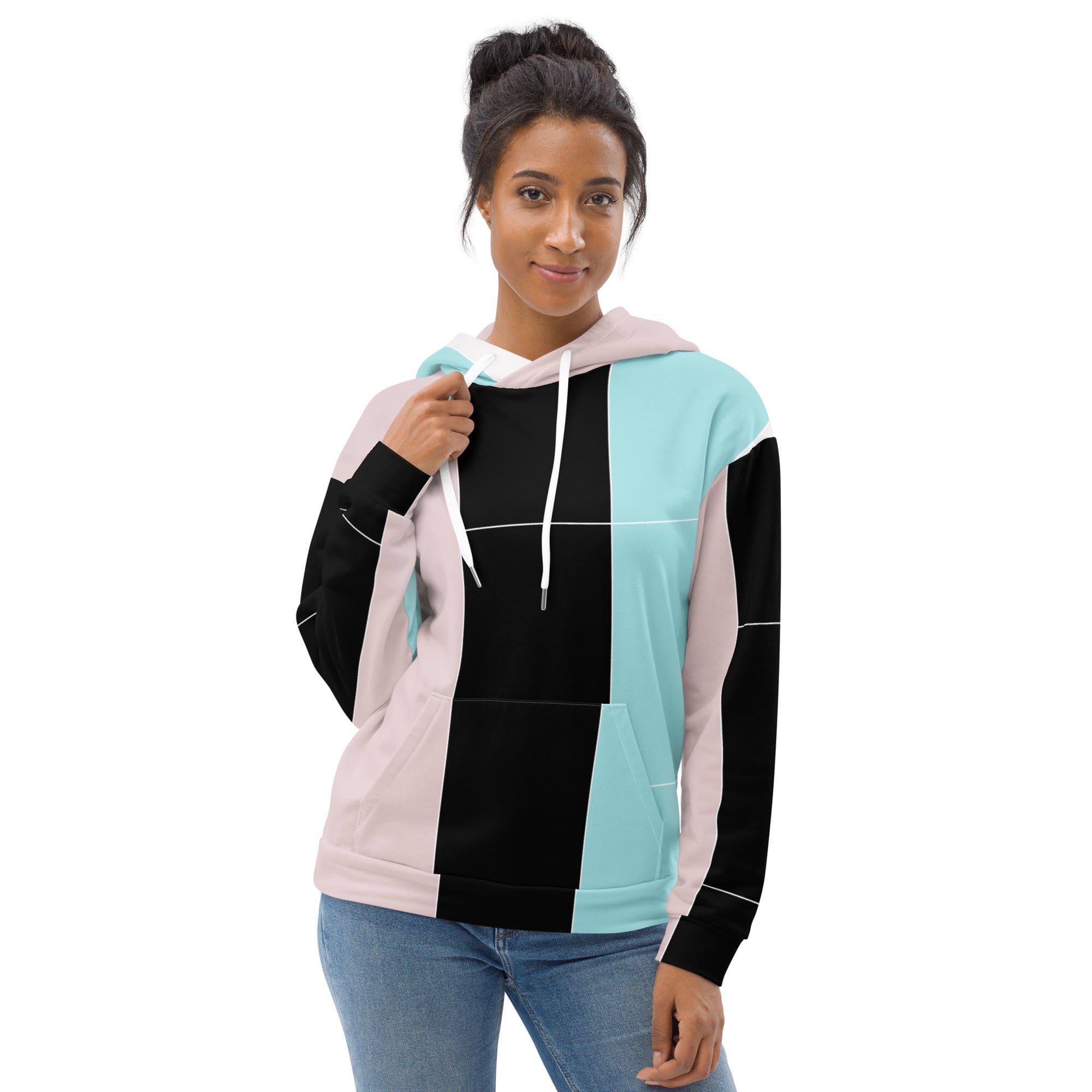 Womens Graphic Hoodie Pastel Pink Black Blue Colorblock Lines-0