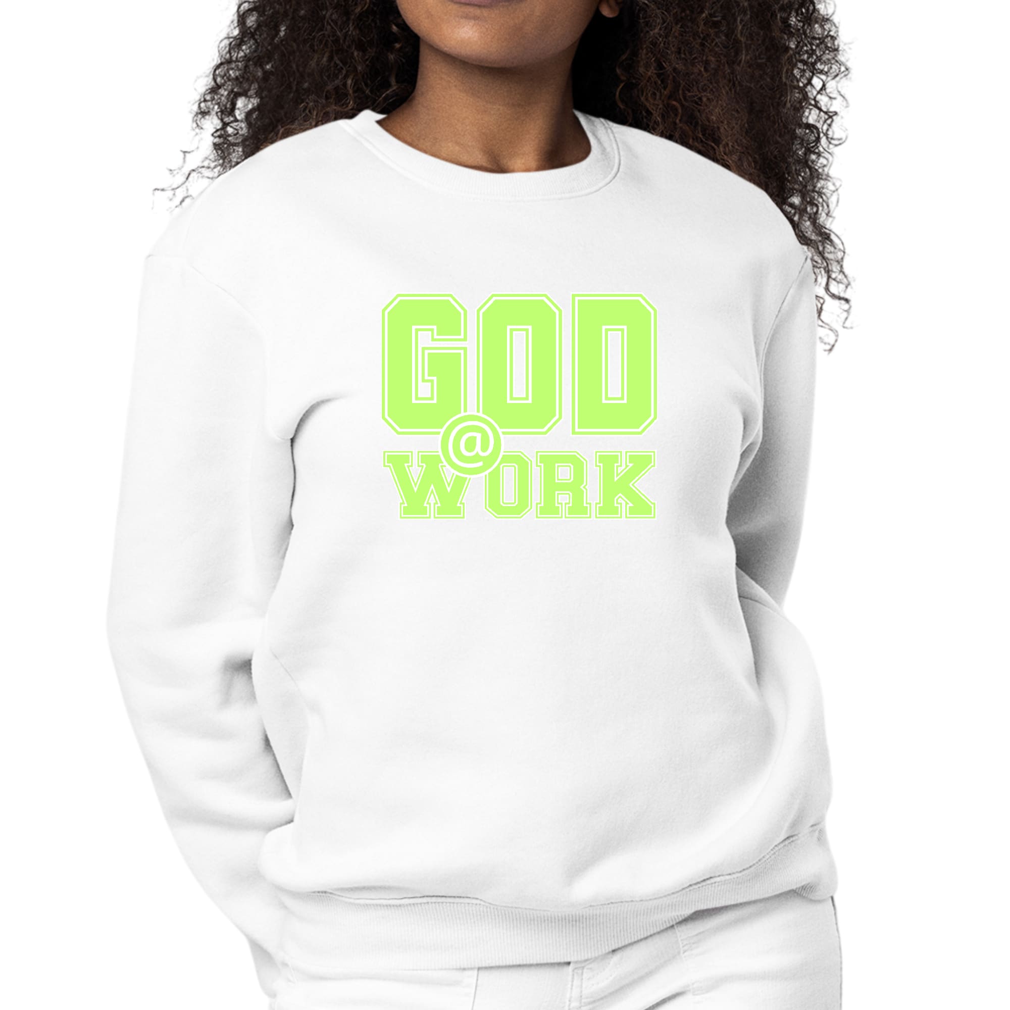 Womens Graphic Sweatshirt God @ Work Neon Green and White Print-0