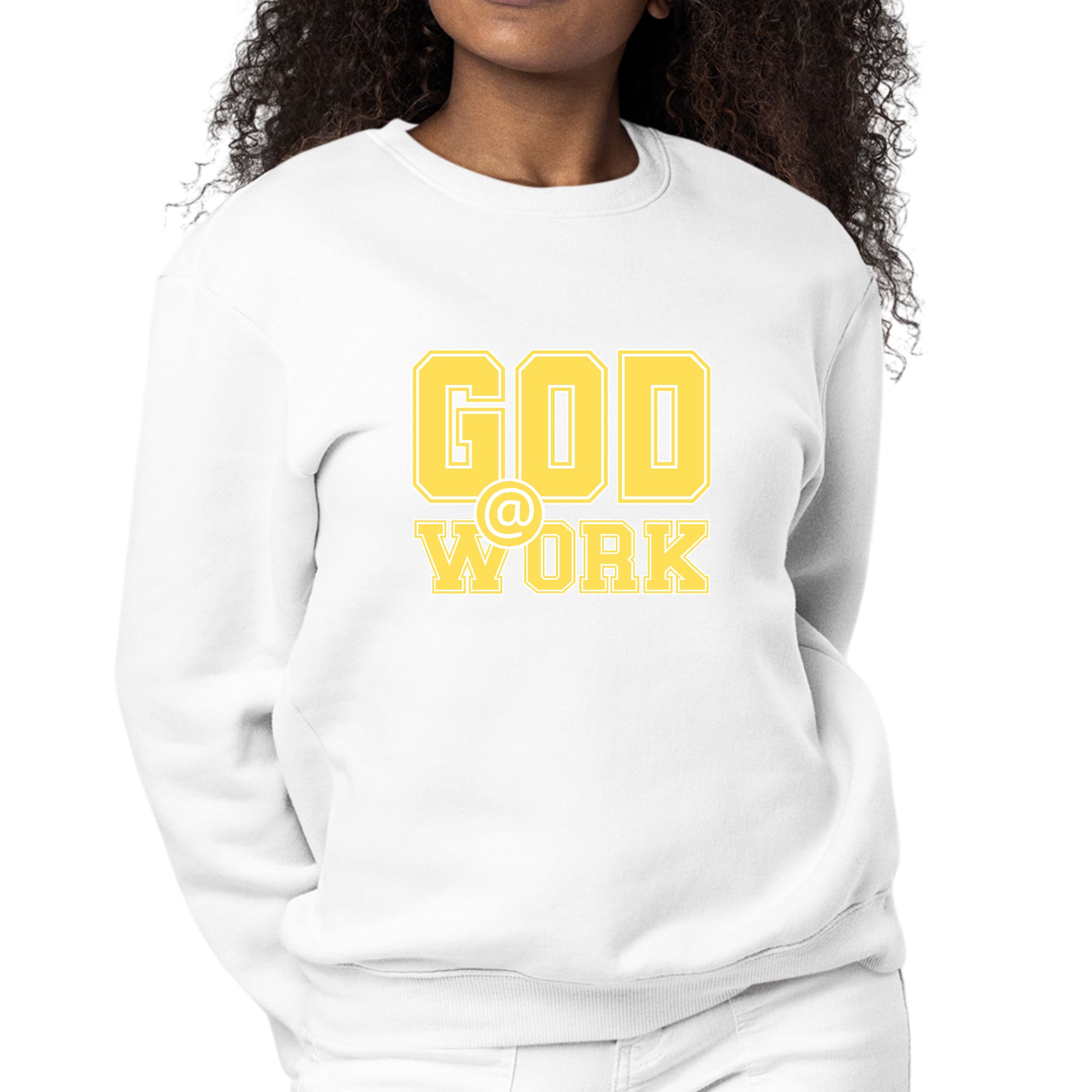 Womens Graphic Sweatshirt God @ Work Yellow And White Print-0