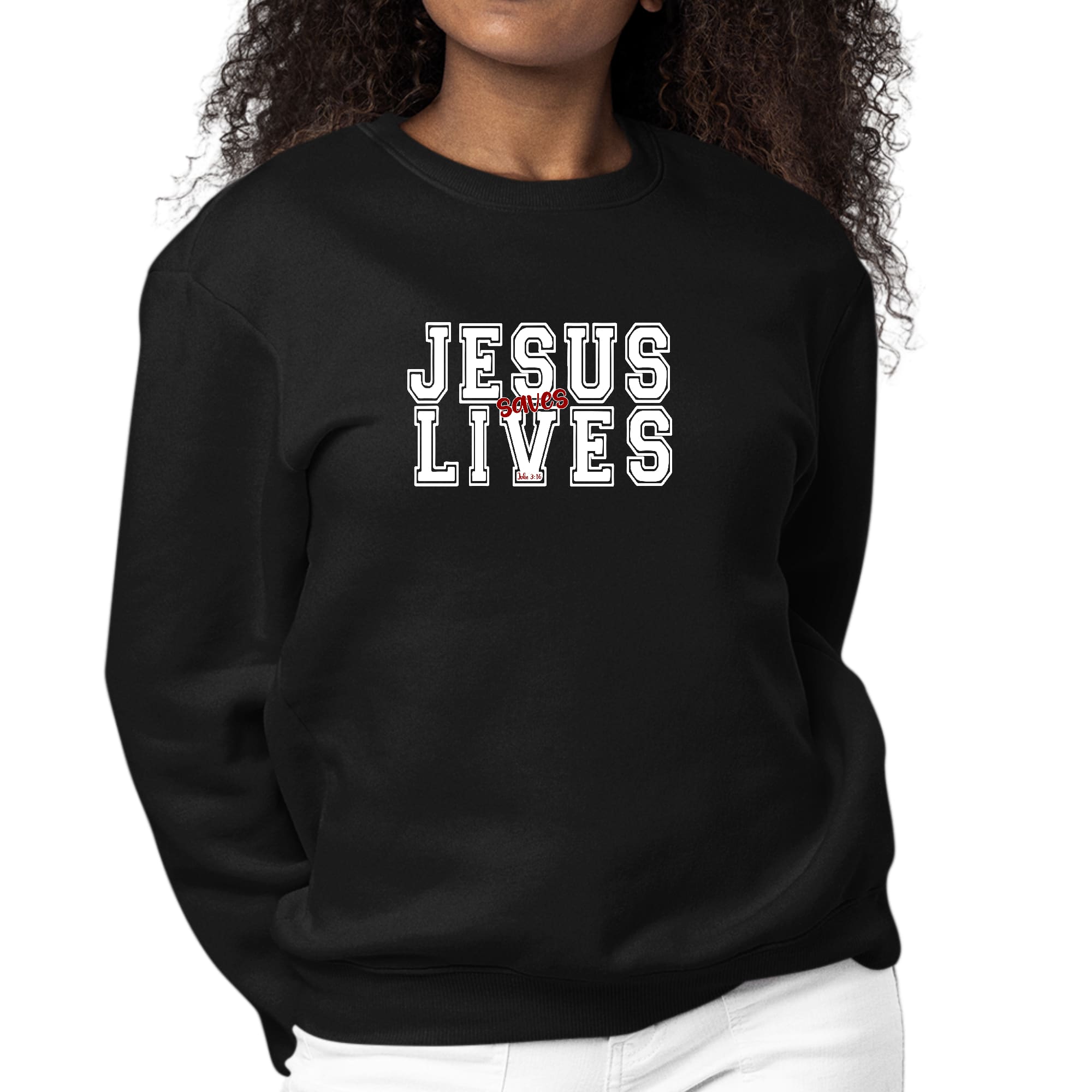 Womens Graphic Sweatshirt Jesus Saves Lives White Red Illustration-0