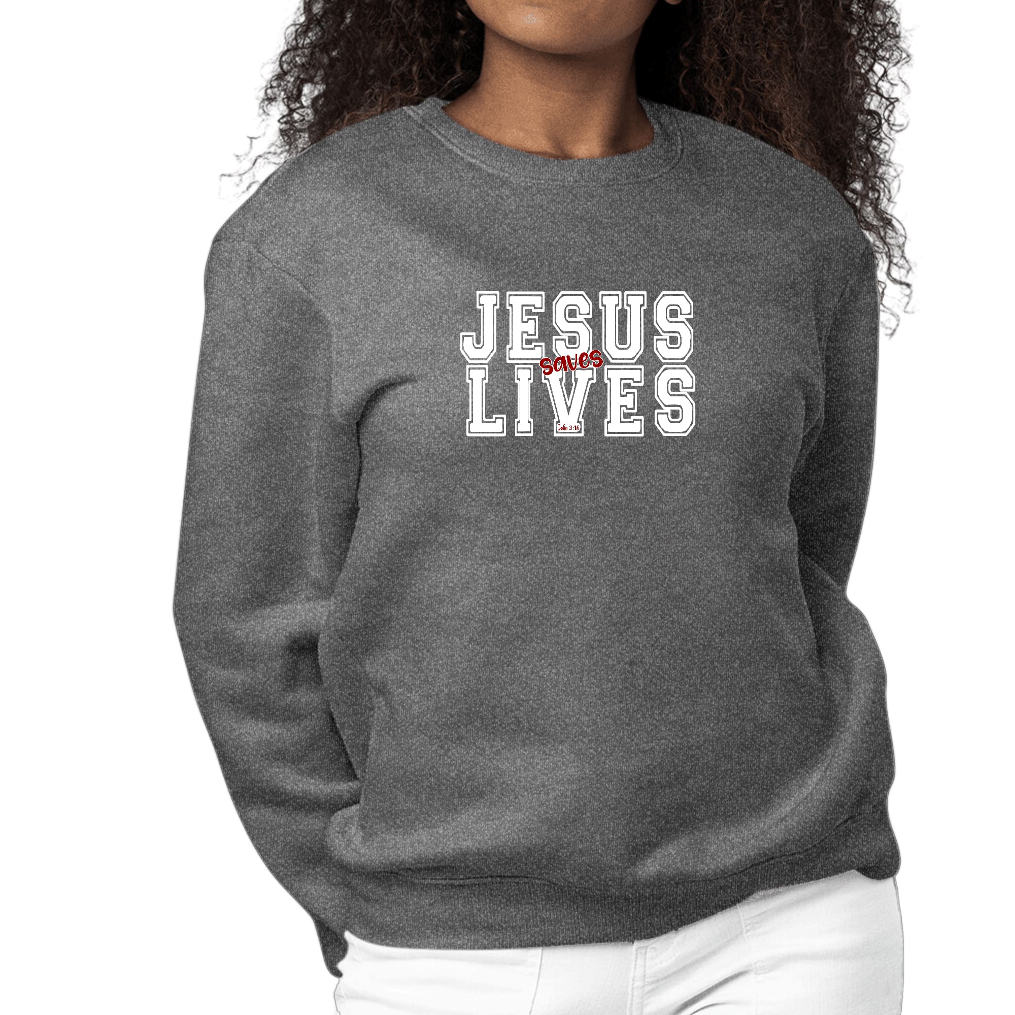 Womens Graphic Sweatshirt Jesus Saves Lives White Red Illustration-6