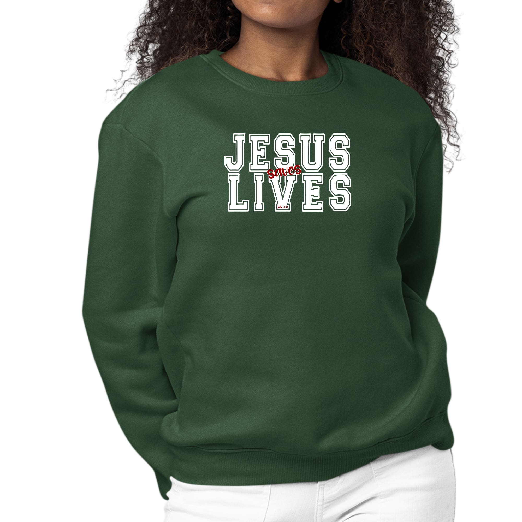 Womens Graphic Sweatshirt Jesus Saves Lives White Red Illustration-4