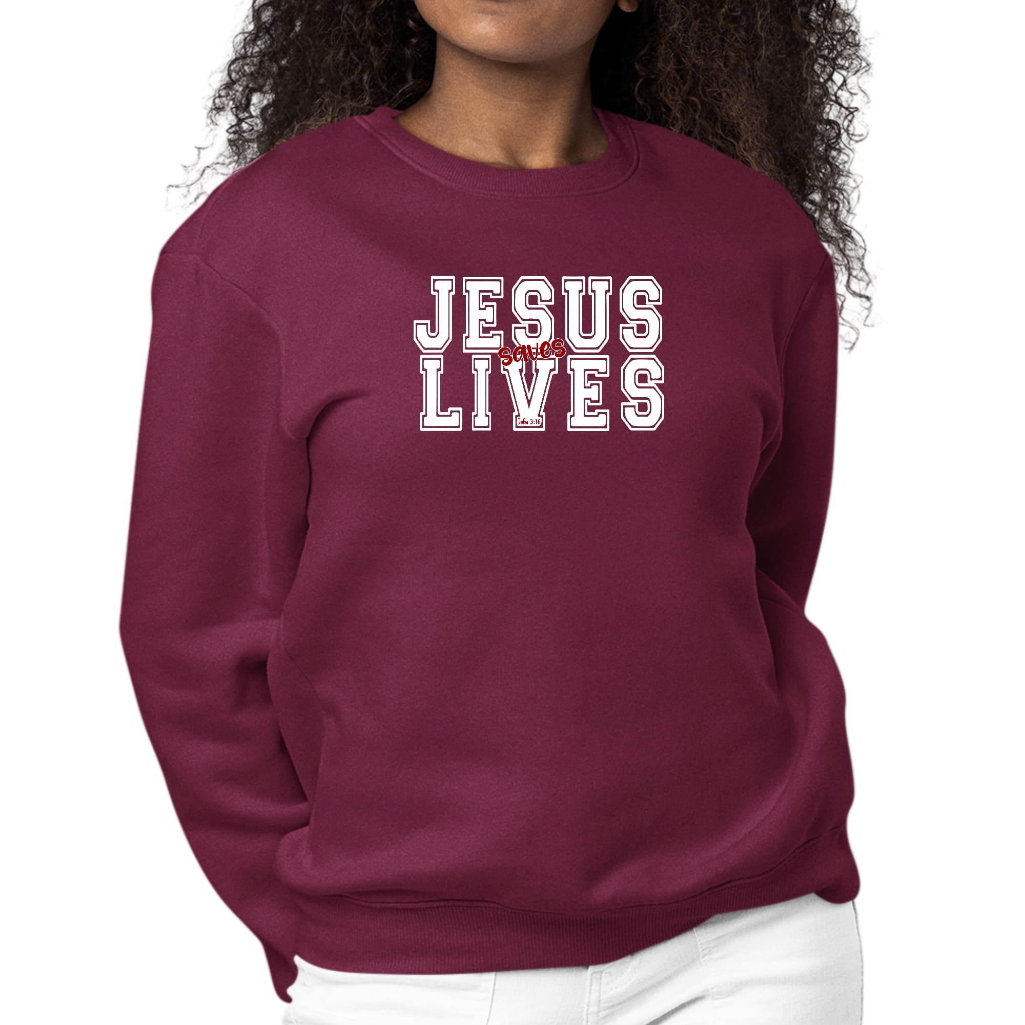 Womens Graphic Sweatshirt Jesus Saves Lives White Red Illustration-5