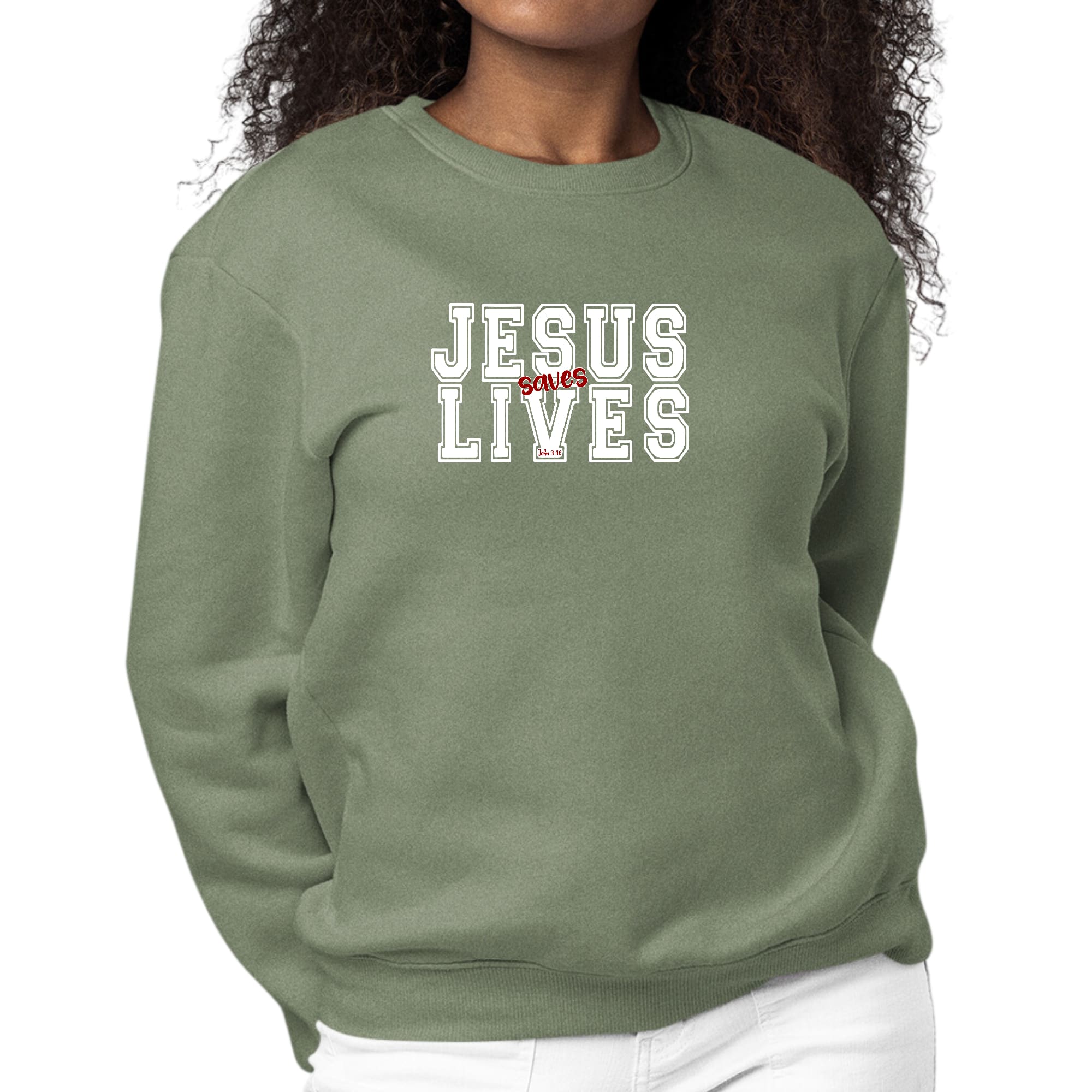 Womens Graphic Sweatshirt Jesus Saves Lives White Red Illustration-7