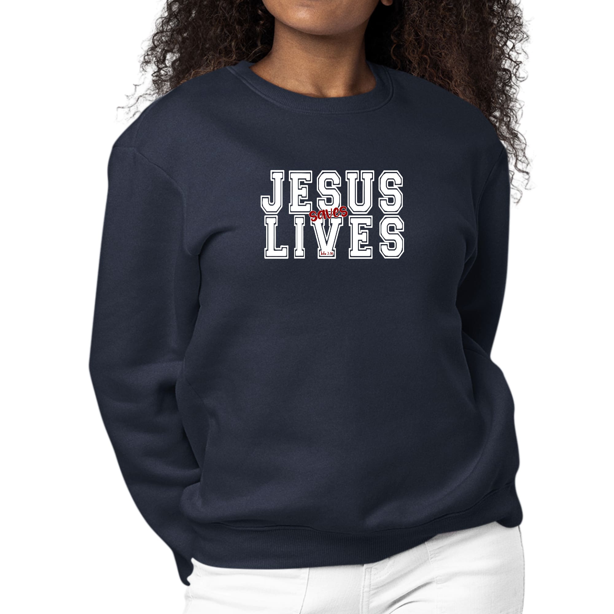 Womens Graphic Sweatshirt Jesus Saves Lives White Red Illustration-2