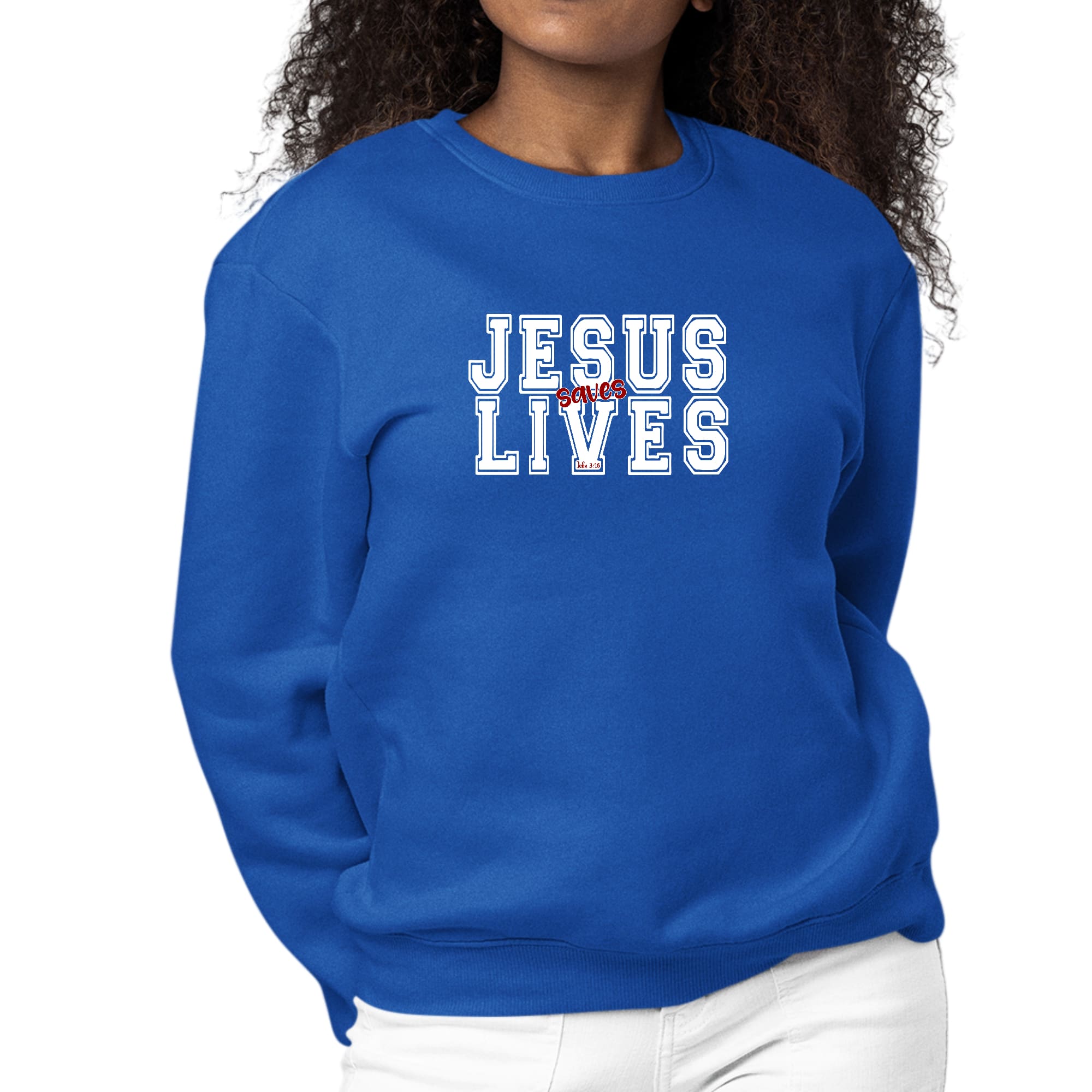 Womens Graphic Sweatshirt Jesus Saves Lives White Red Illustration-3