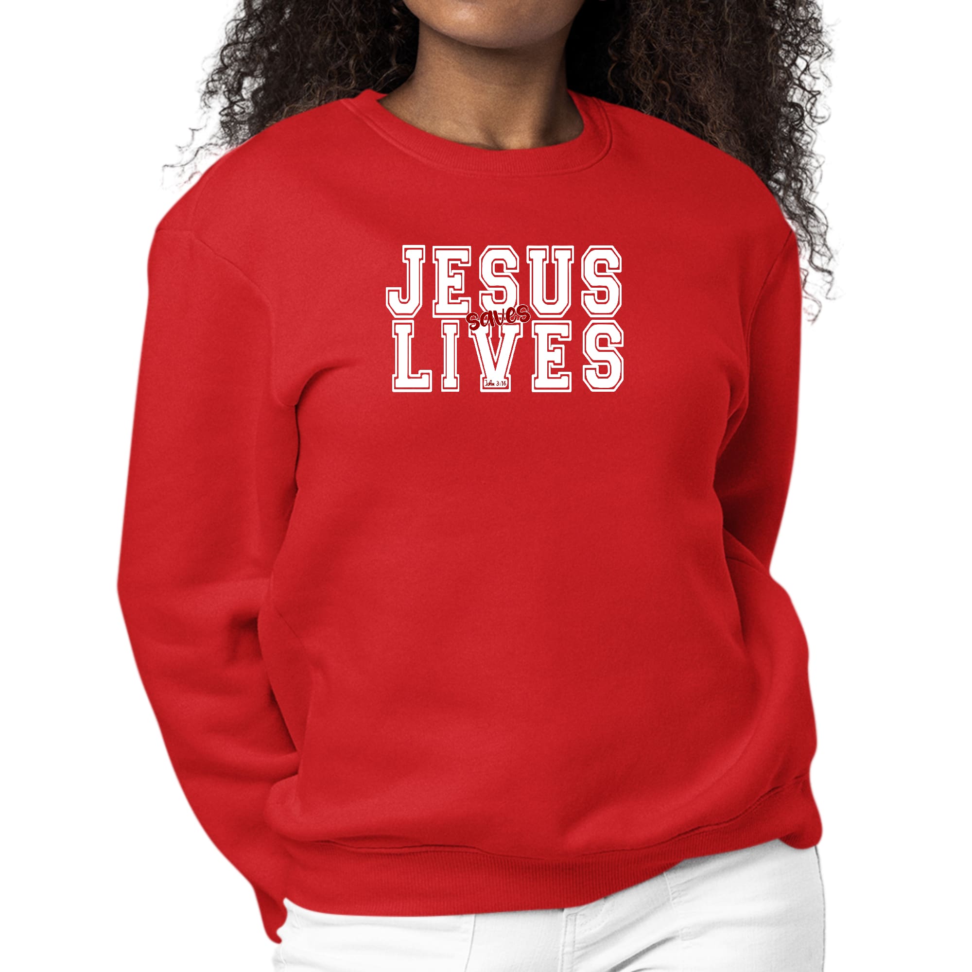 Womens Graphic Sweatshirt Jesus Saves Lives White Red Illustration-1