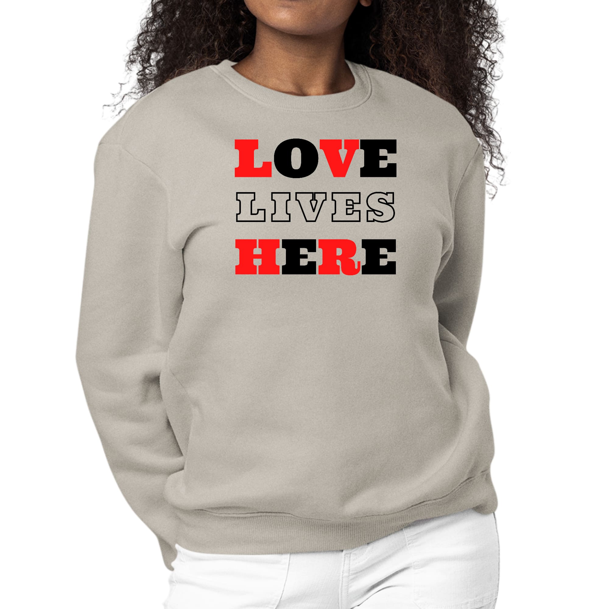 Womens Graphic Sweatshirt Love Lives Here Christian Red Black-4