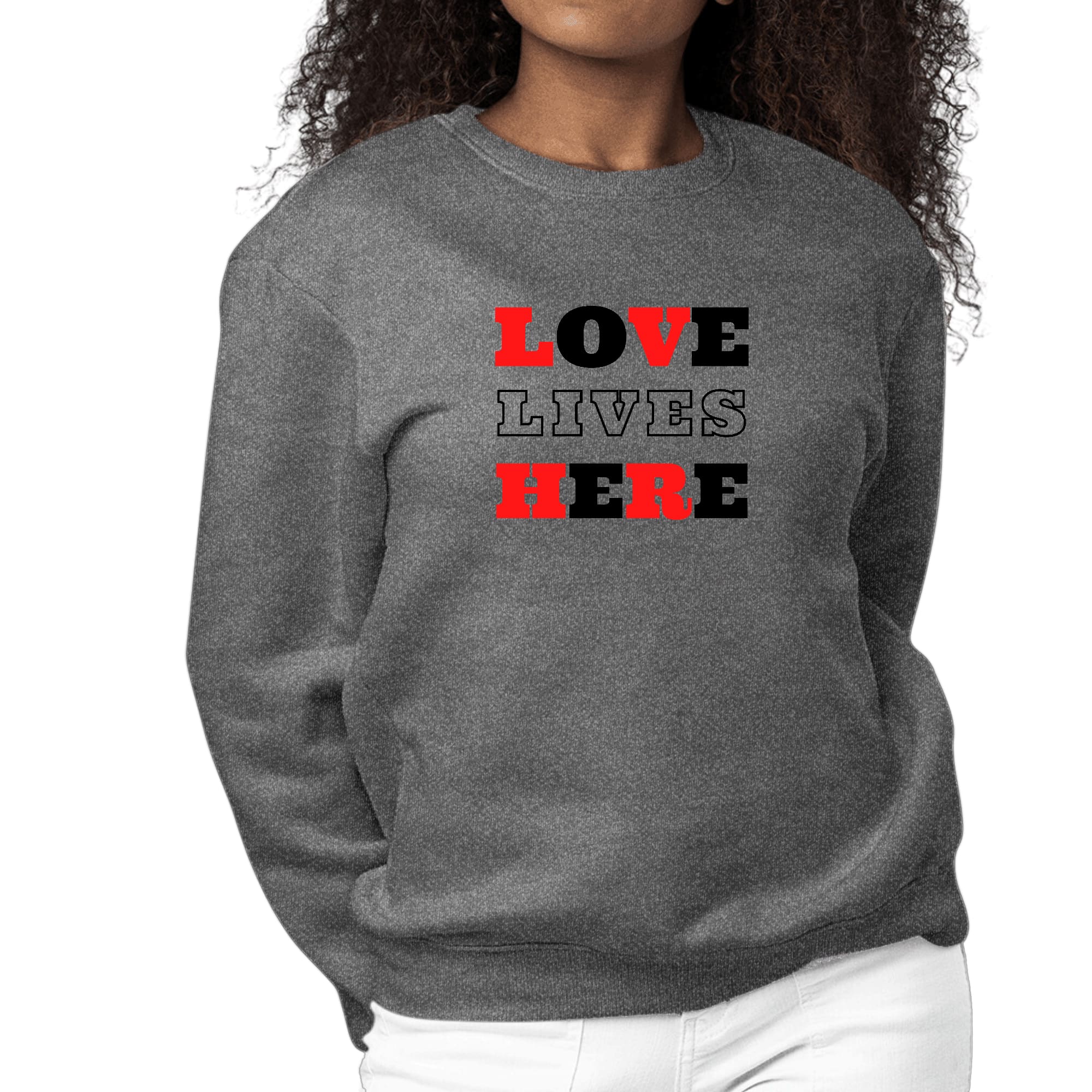 Womens Graphic Sweatshirt Love Lives Here Christian Red Black-6