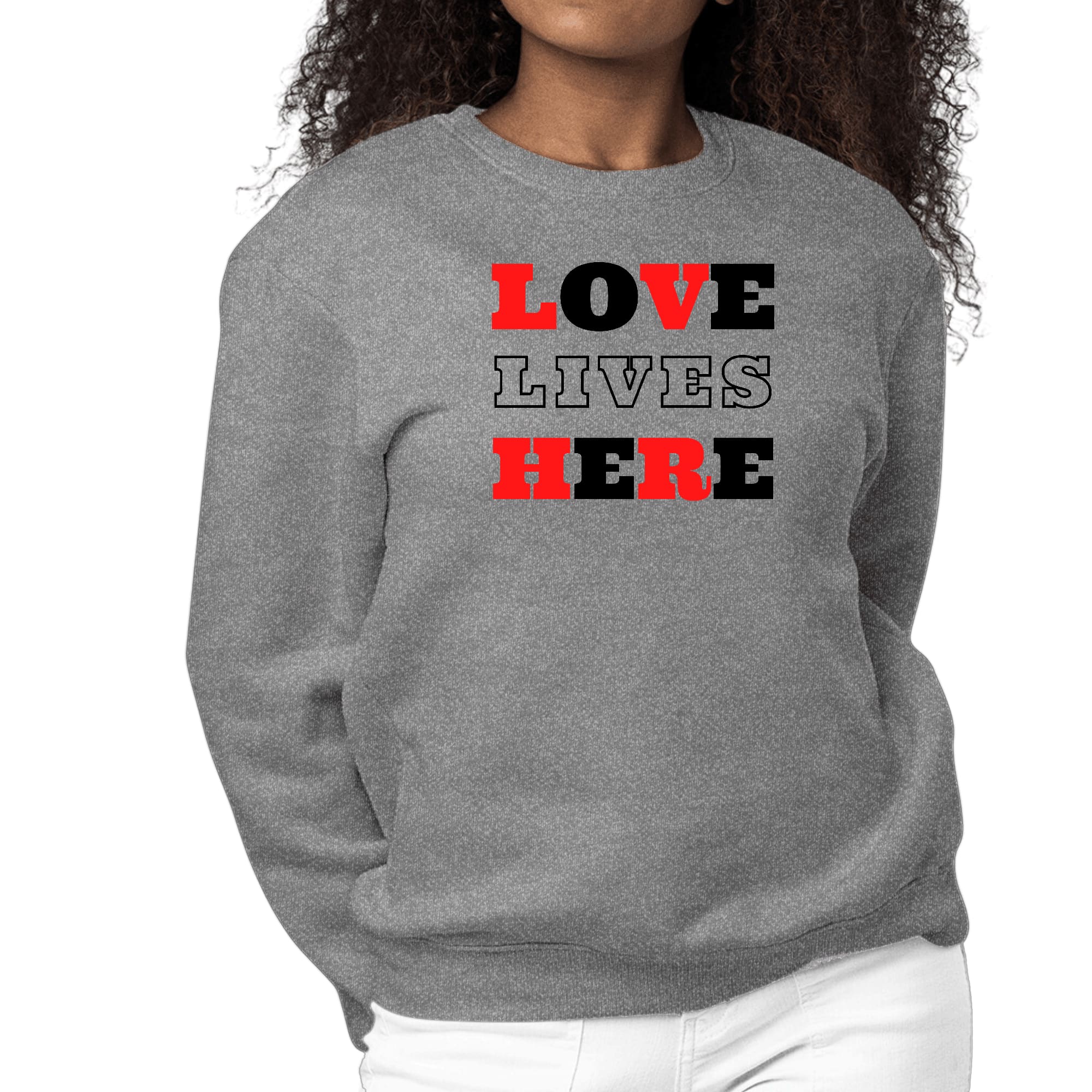 Womens Graphic Sweatshirt Love Lives Here Christian Red Black-7