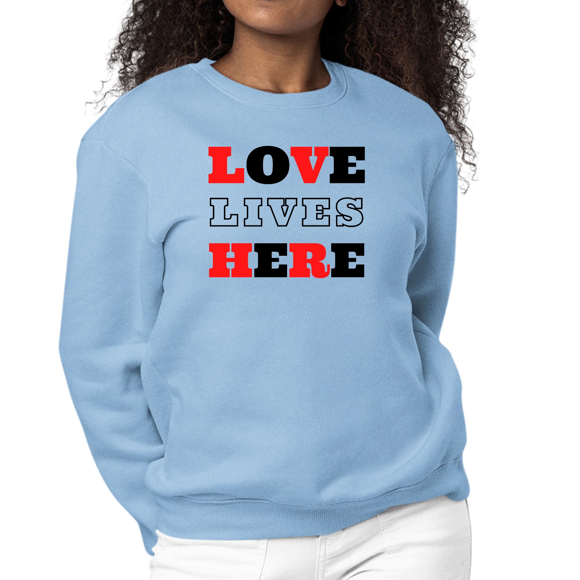 Womens Graphic Sweatshirt Love Lives Here Christian Red Black-5