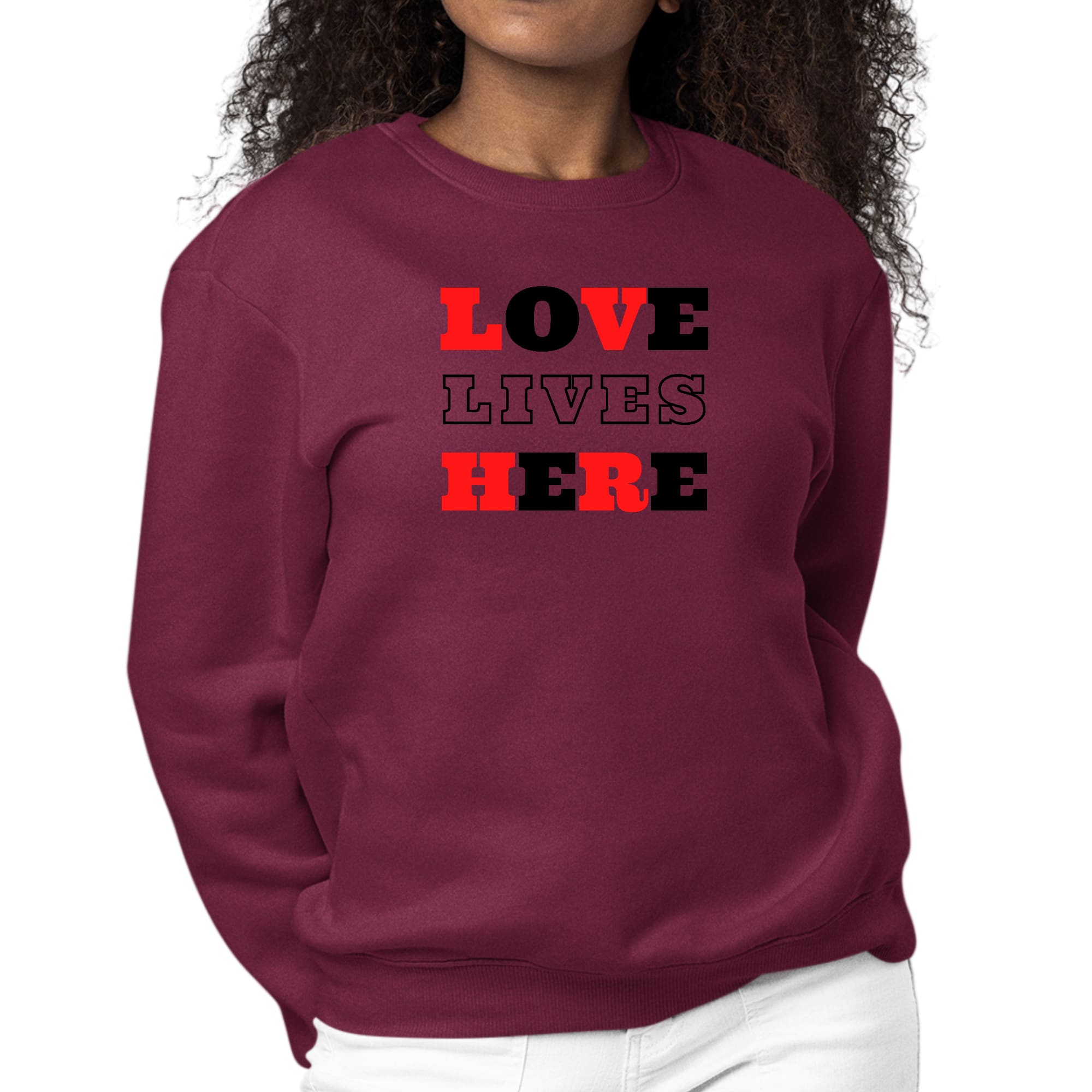 Womens Graphic Sweatshirt Love Lives Here Christian Red Black-3