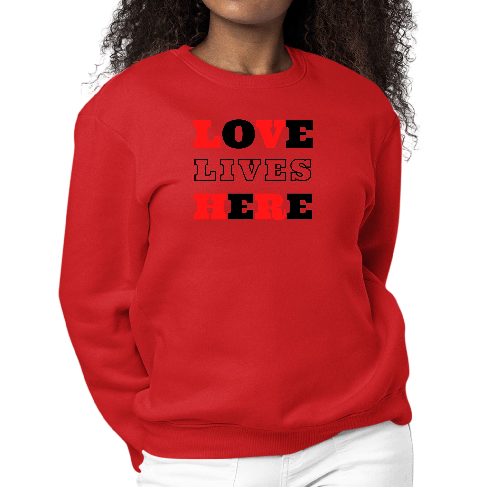 Womens Graphic Sweatshirt Love Lives Here Christian Red Black-1