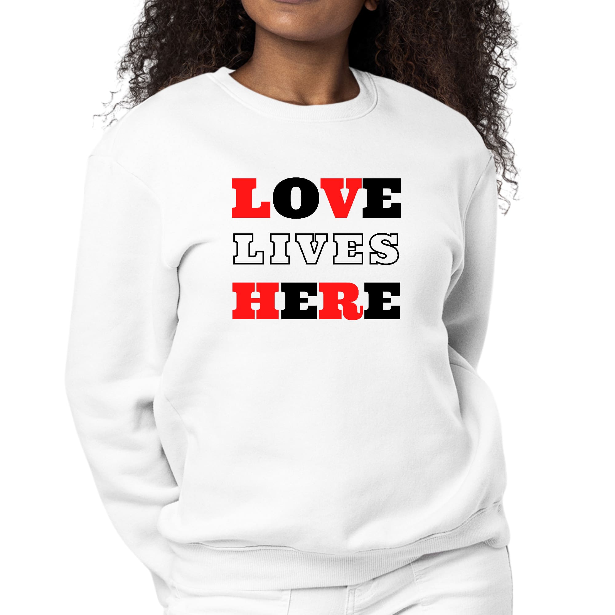 Womens Graphic Sweatshirt Love Lives Here Christian Red Black-0