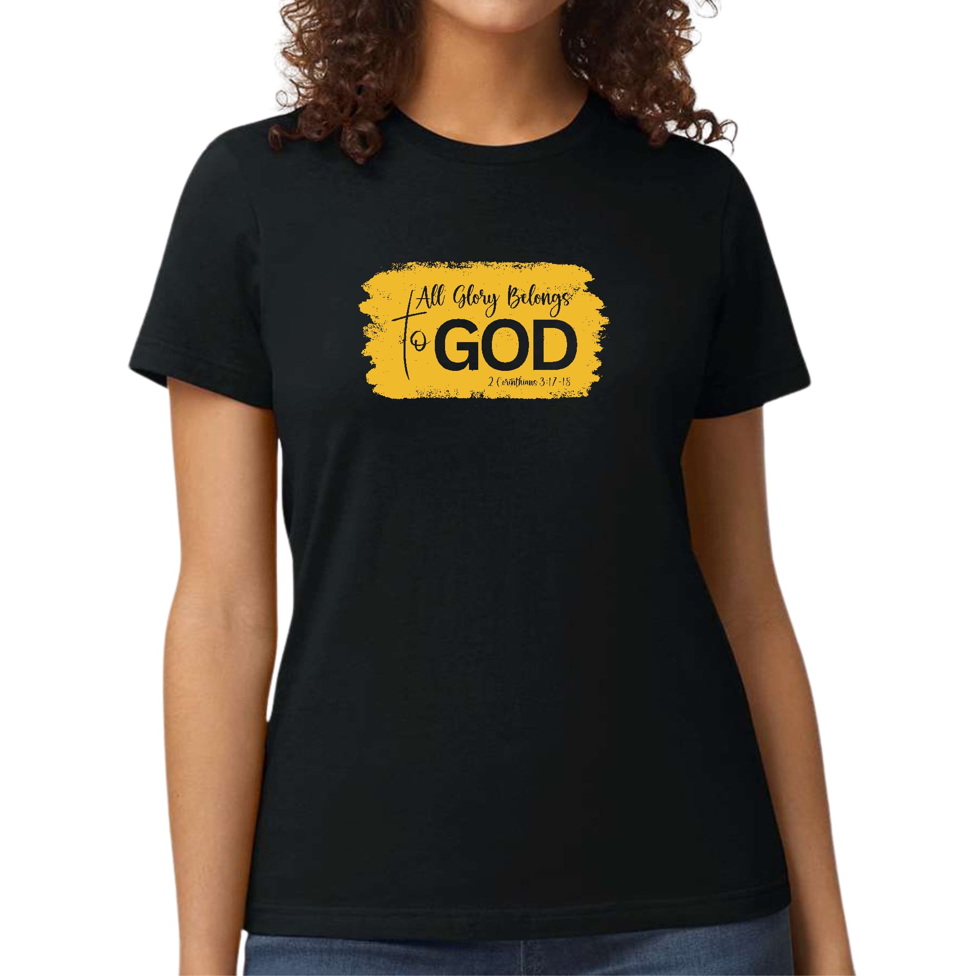 Womens Graphic T-shirt, All Glory Belongs to God, Golden Yellow-0