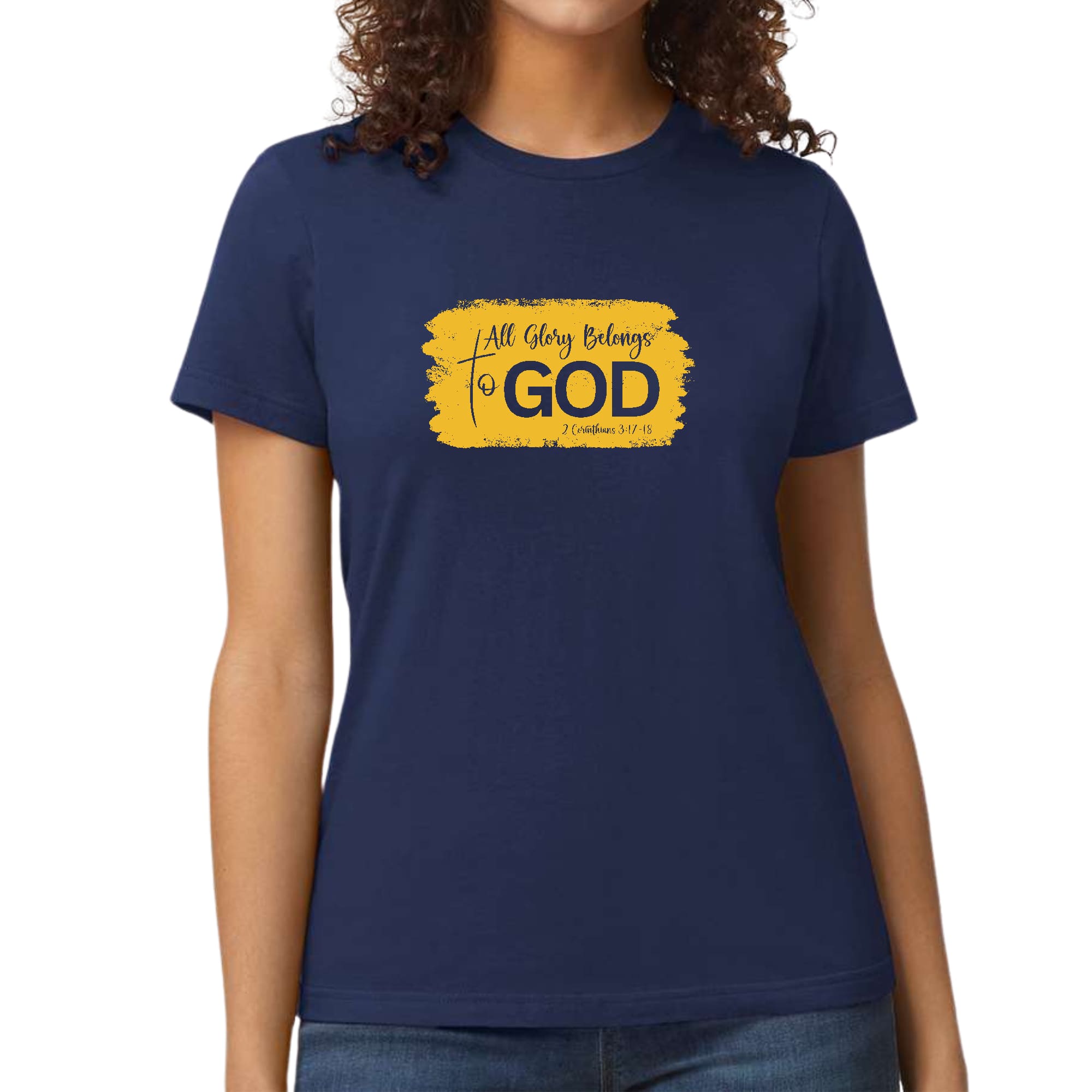 Womens Graphic T-shirt, All Glory Belongs to God, Golden Yellow-1