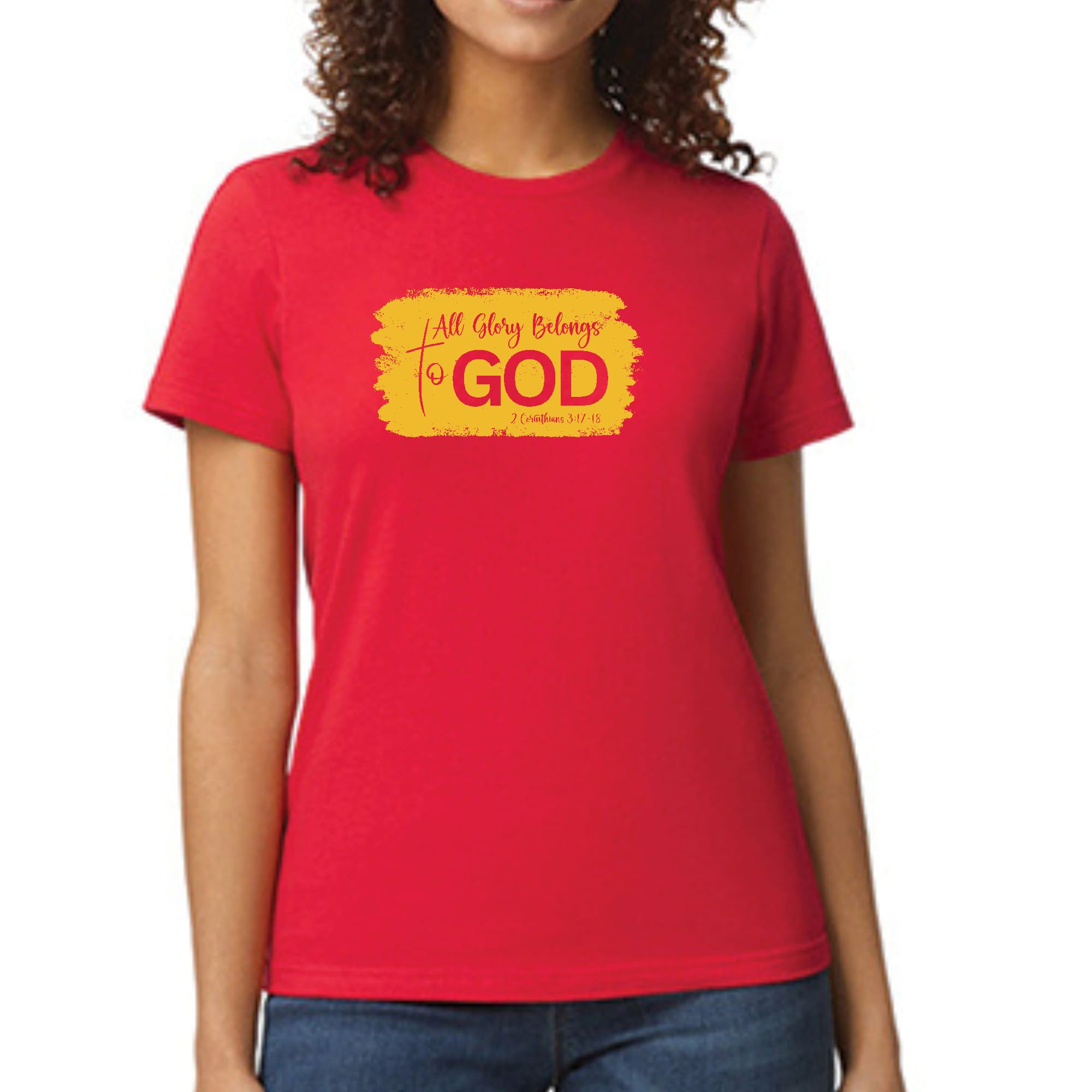 Womens Graphic T-shirt, All Glory Belongs to God, Golden Yellow-2